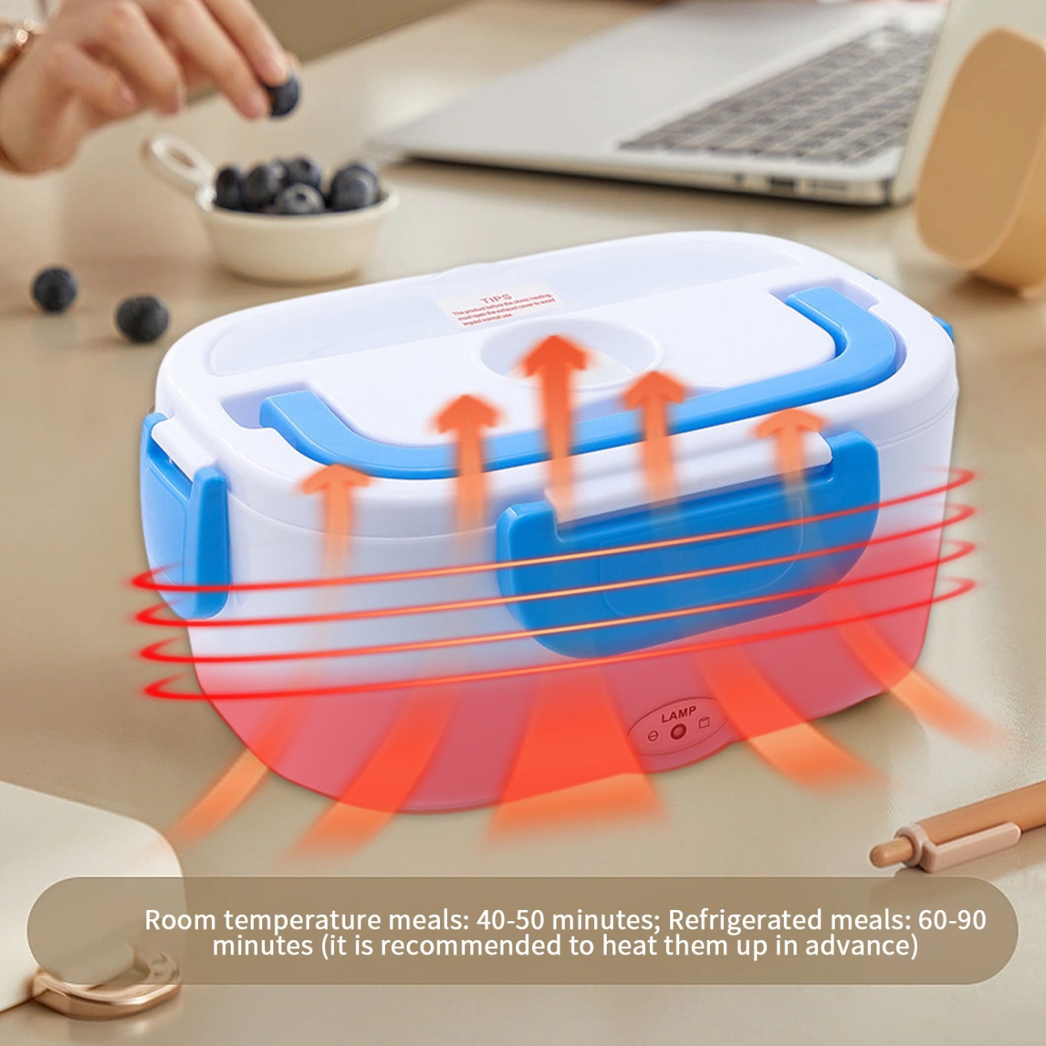 Blue portable heated lunch box - stainless steel liner Self-heating food warmer with leak-proof lid, which can heat and preserve rice, suitable for