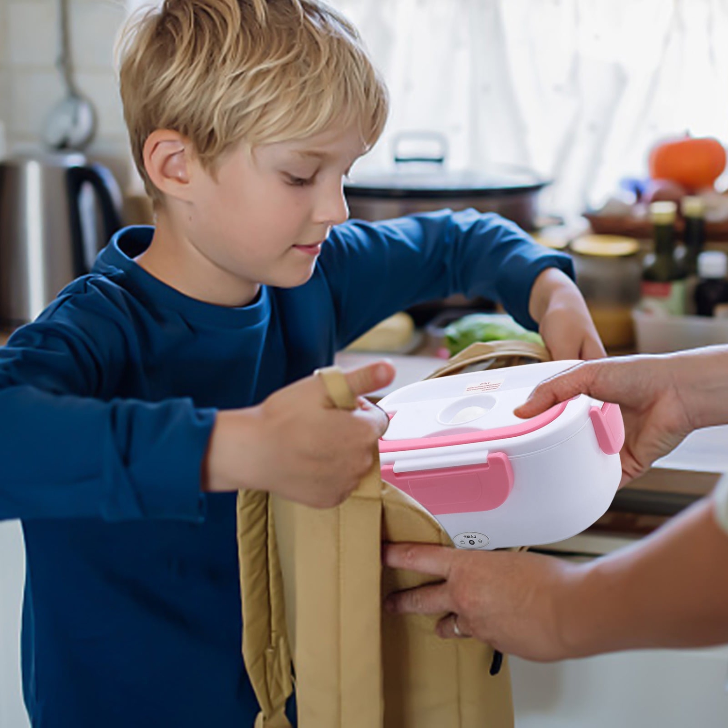 Pink portable heated lunch box - stainless steel liner Self-heating food warmer with leak-proof lid, which can heat and preserve rice, suitable for