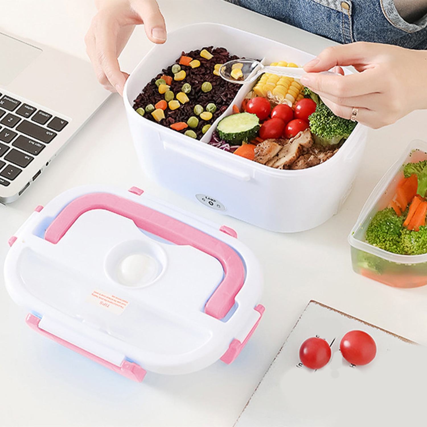 Pink portable heated lunch box - stainless steel liner Self-heating food warmer with leak-proof lid, which can heat and preserve rice, suitable for