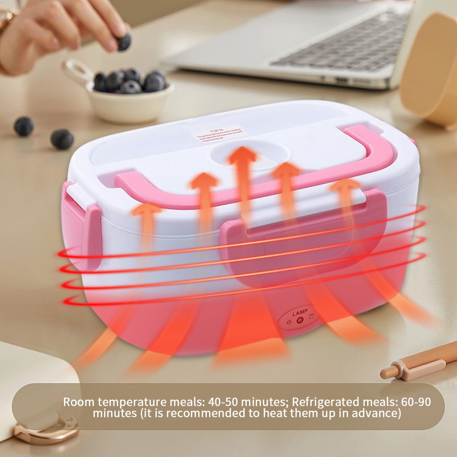 Pink car portable 12V lunch box with rice - stainless steel liner Self-heating food warmer with leak-proof lid, which can heat and preserve rice