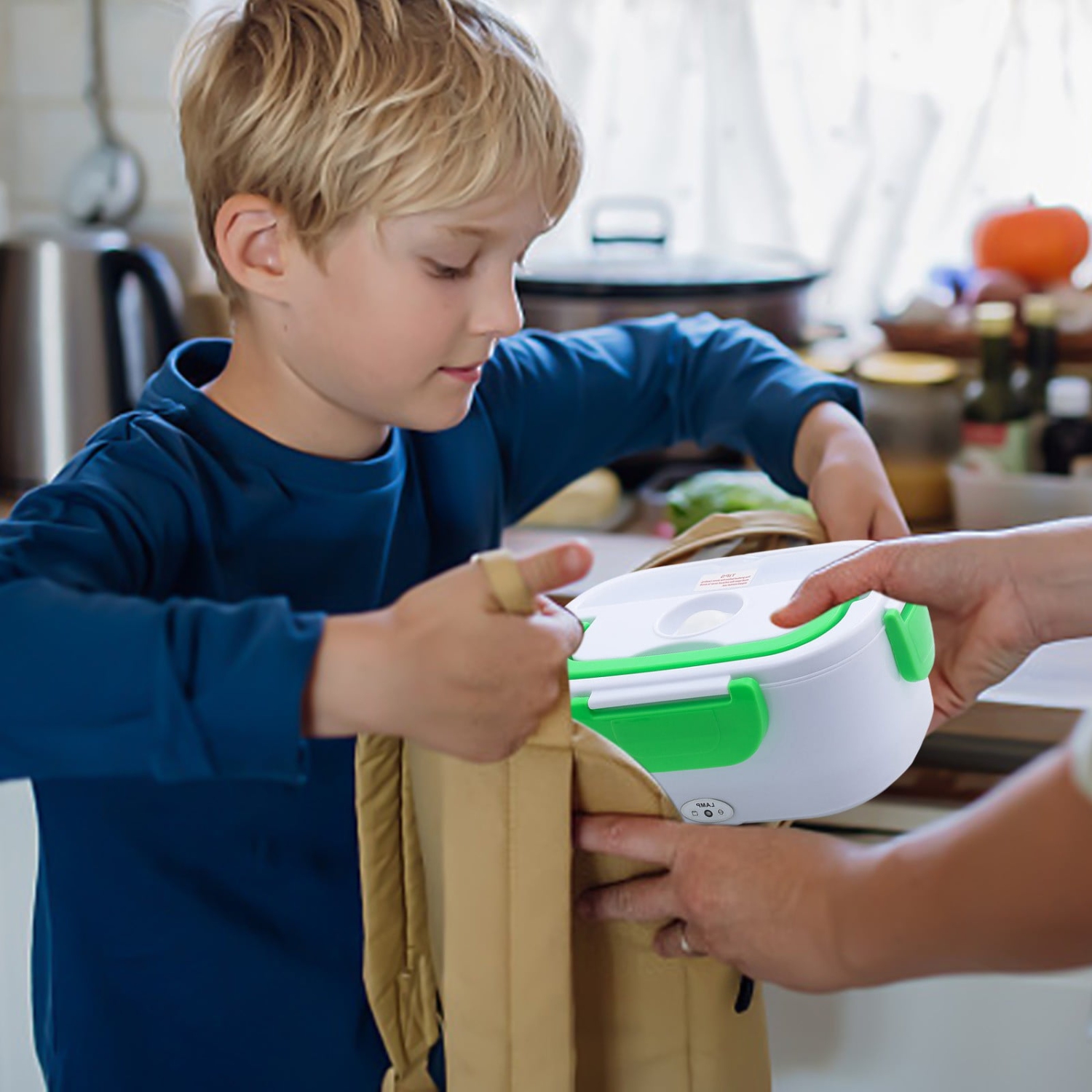 Green portable heated lunch box - stainless steel liner Self-heating food warmer with leak-proof lid, which can heat and preserve rice, suitable for