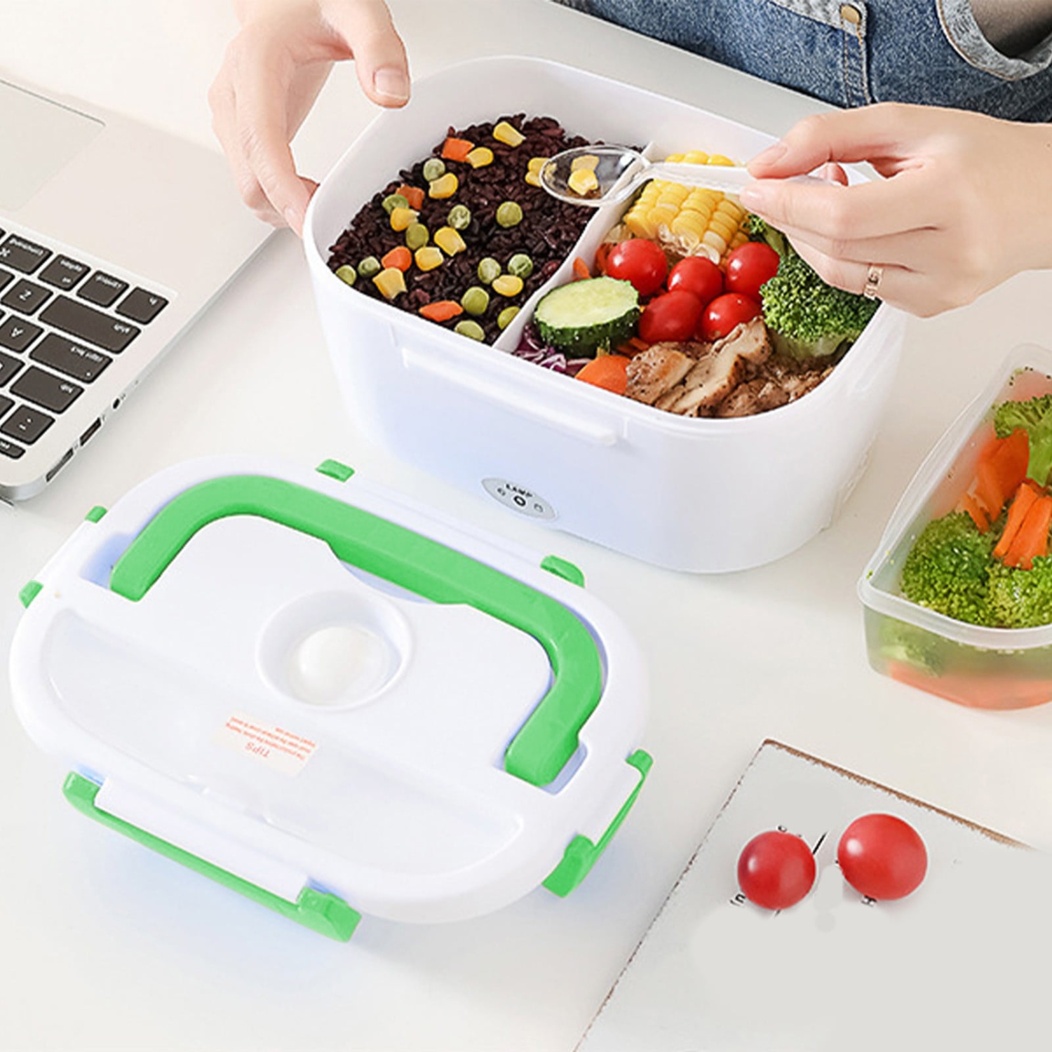 Green portable heated lunch box - stainless steel liner Self-heating food warmer with leak-proof lid, which can heat and preserve rice, suitable for