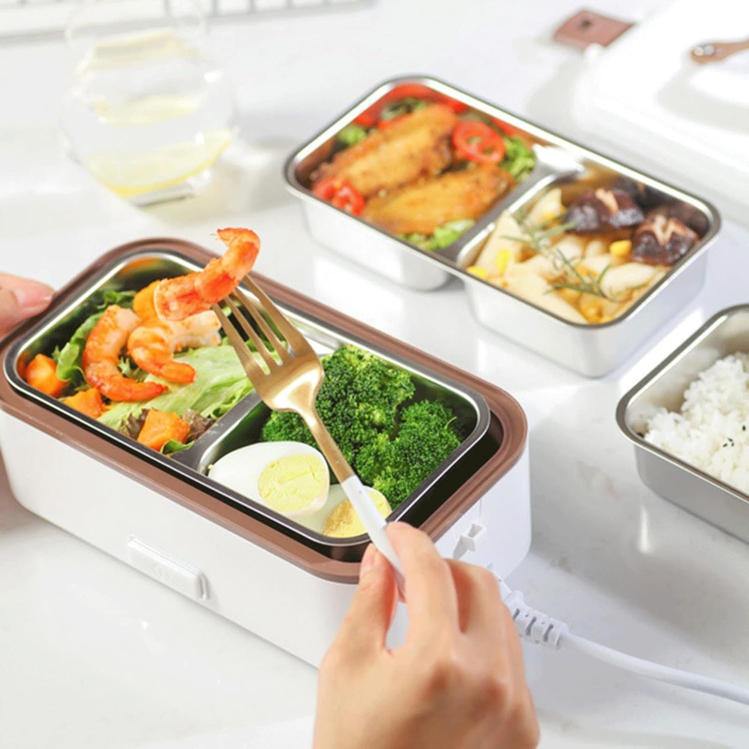 300W white multifunctional electric lunch box - stainless steel self-heating food warmer, leak-proof and fast heating, suitable for office/travel