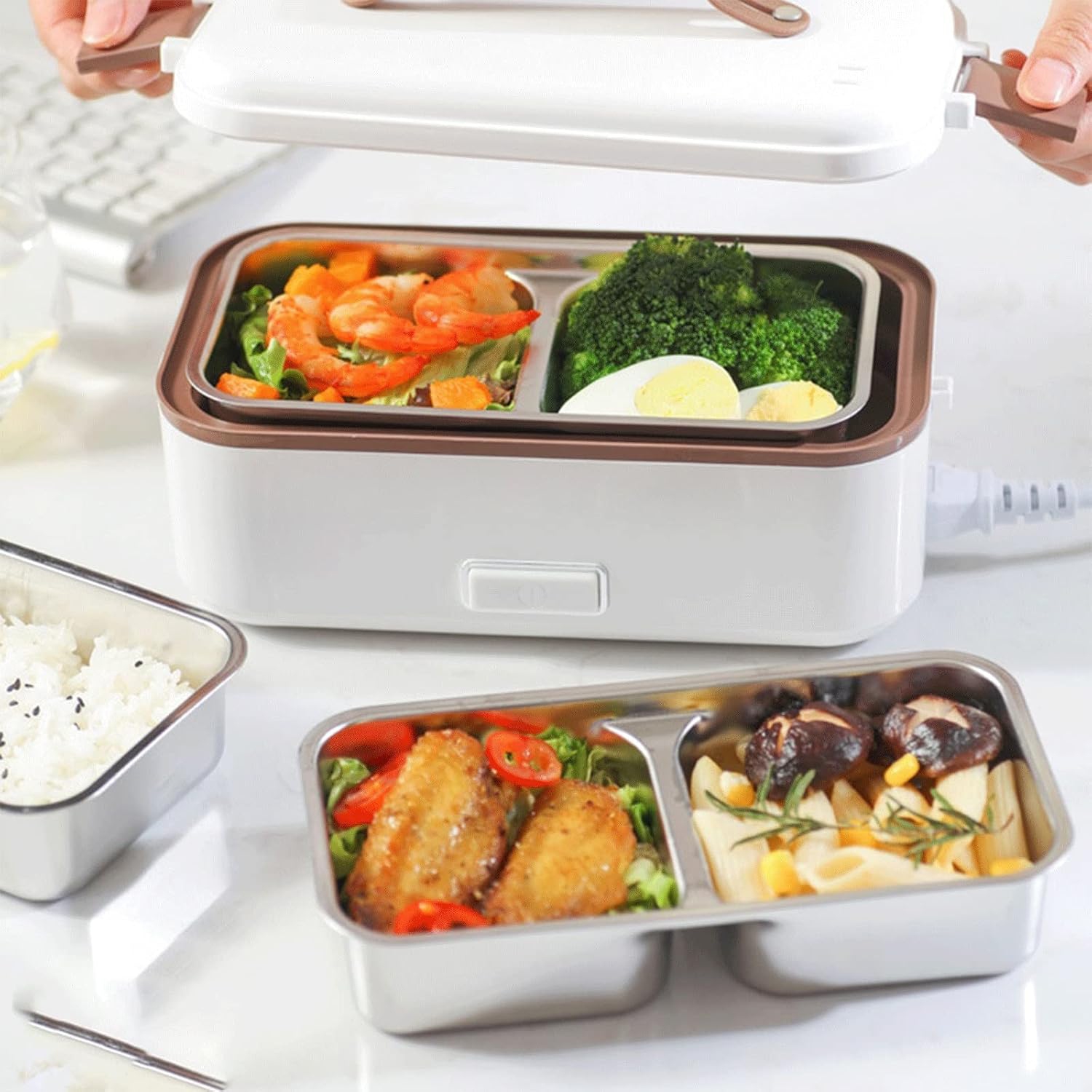 300W white multifunctional electric lunch box - stainless steel self-heating food warmer, leak-proof and fast heating, suitable for office/travel