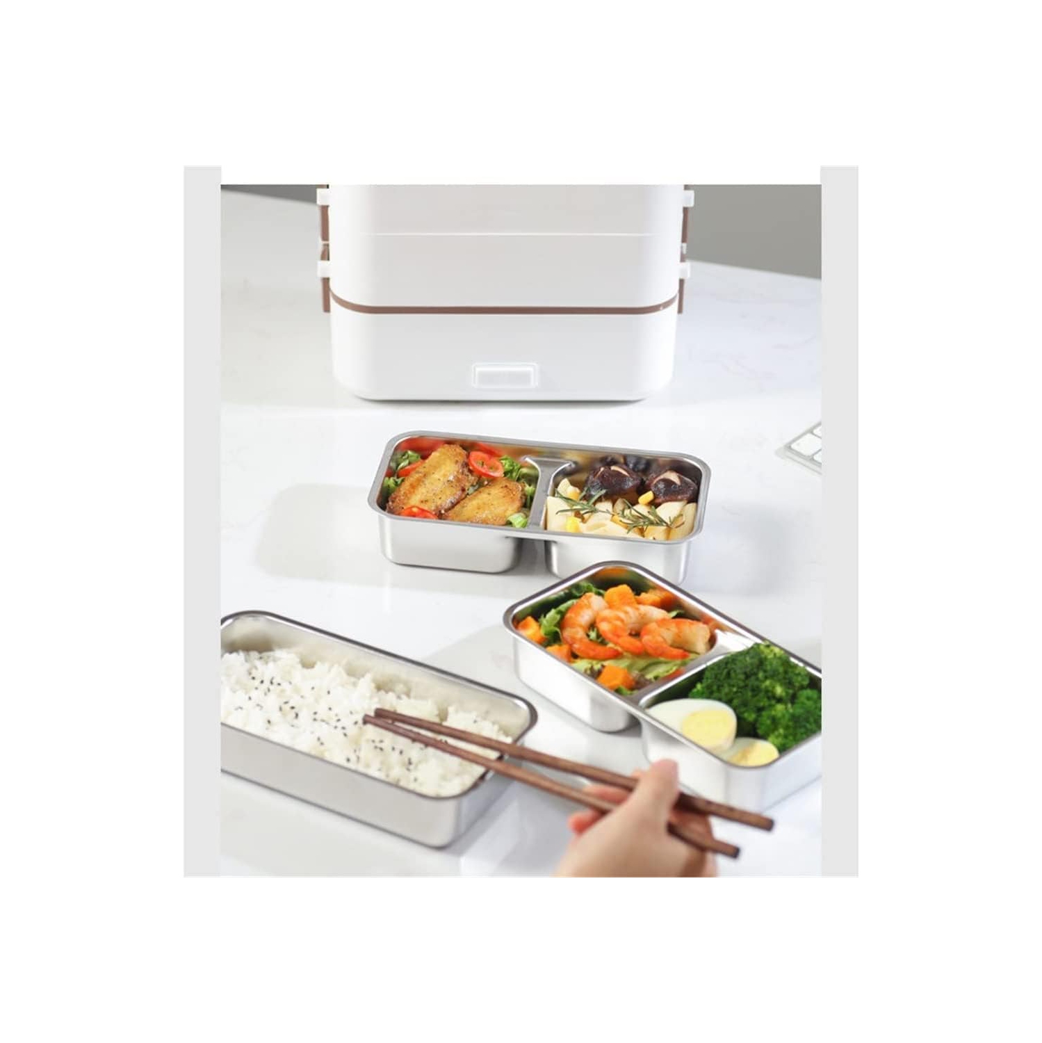 300W white multifunctional electric lunch box - stainless steel self-heating food warmer, leak-proof and fast heating, suitable for office/travel