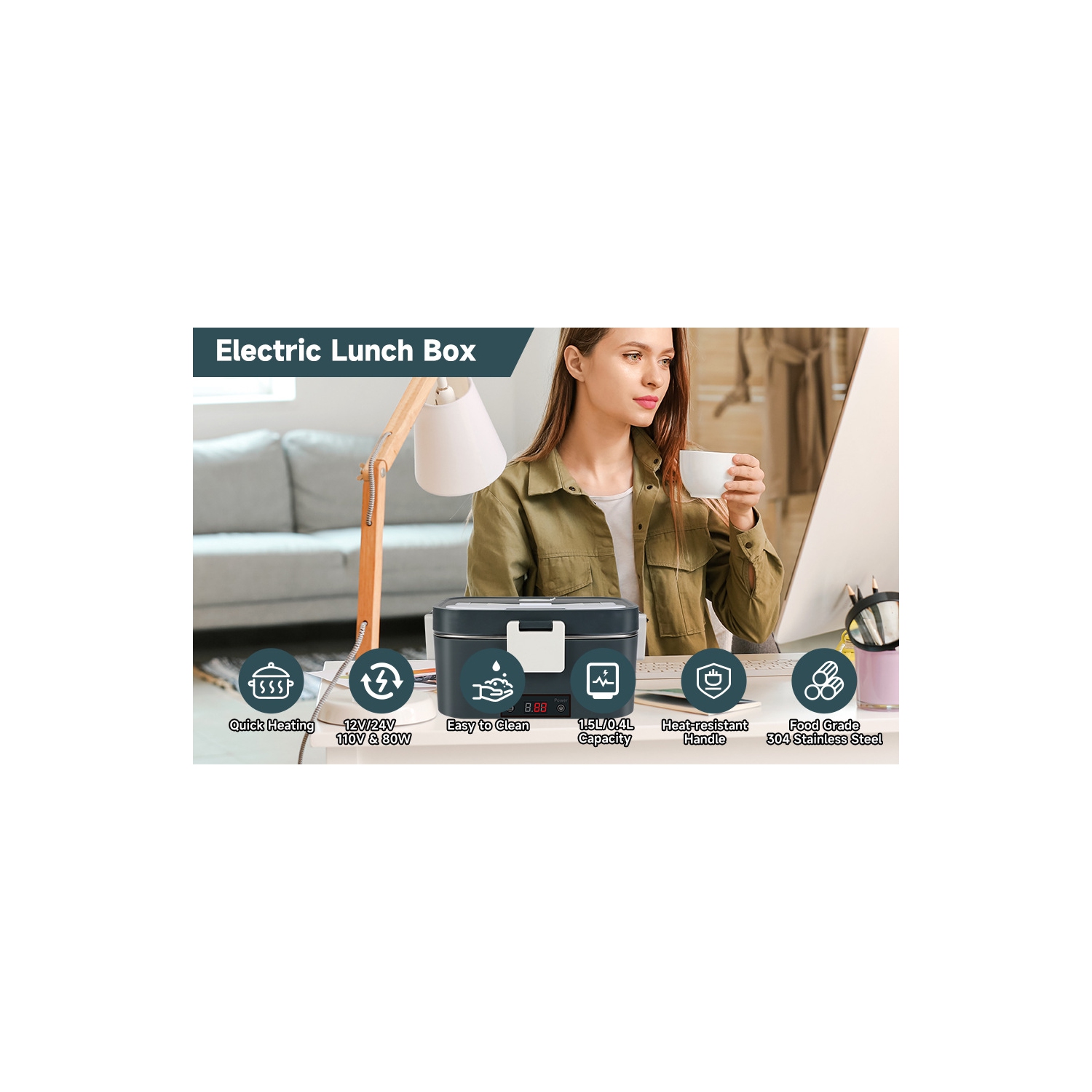 80w portable electric lunch box - 304 stainless steel, 1.8L large capacity lunch box, 12V/110V dual power supply, fast heating, suitable for