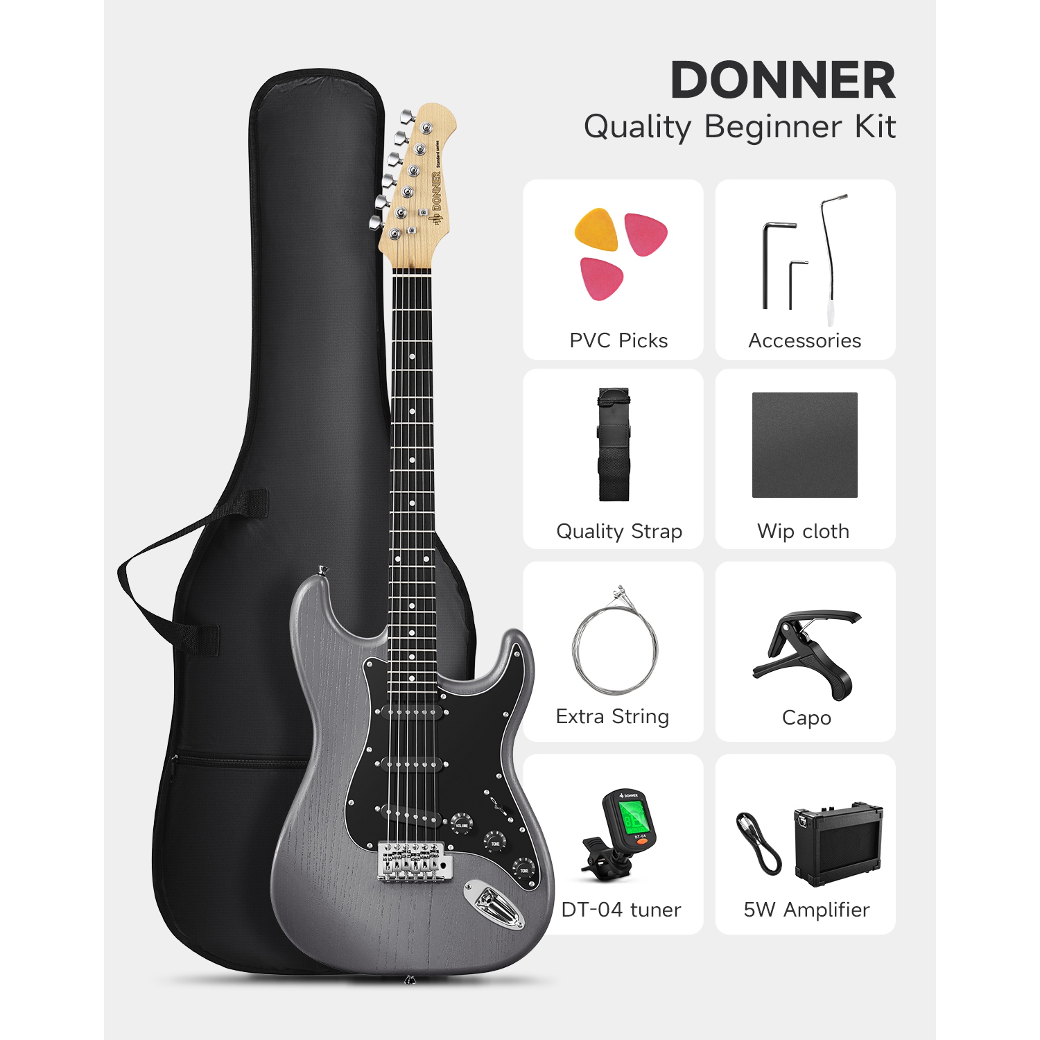 Ensemble pour débutant avec guitare électrique DST-80 de Donner avec amplificateur noir