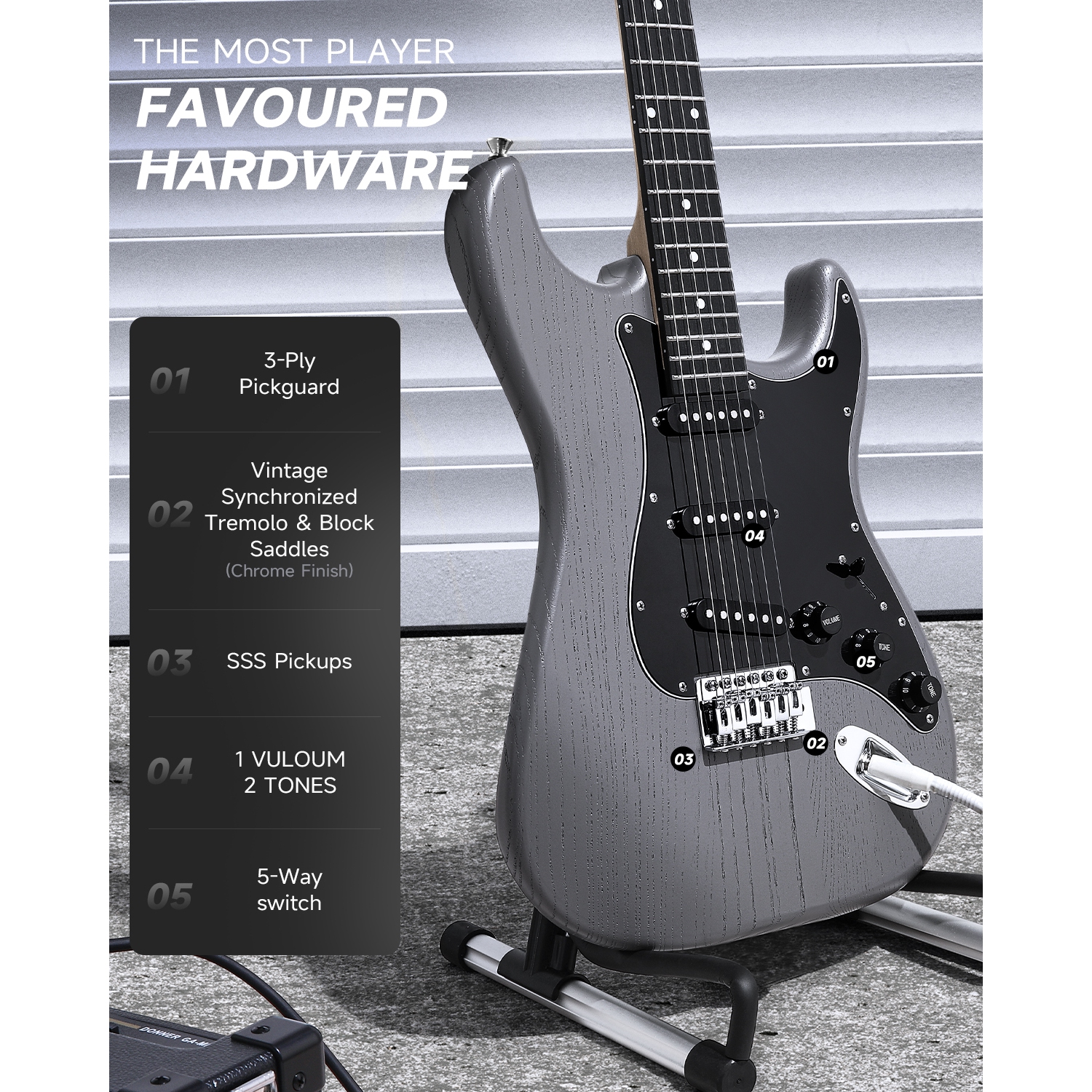 Ensemble pour débutant avec guitare électrique DST-80 de Donner avec amplificateur noir