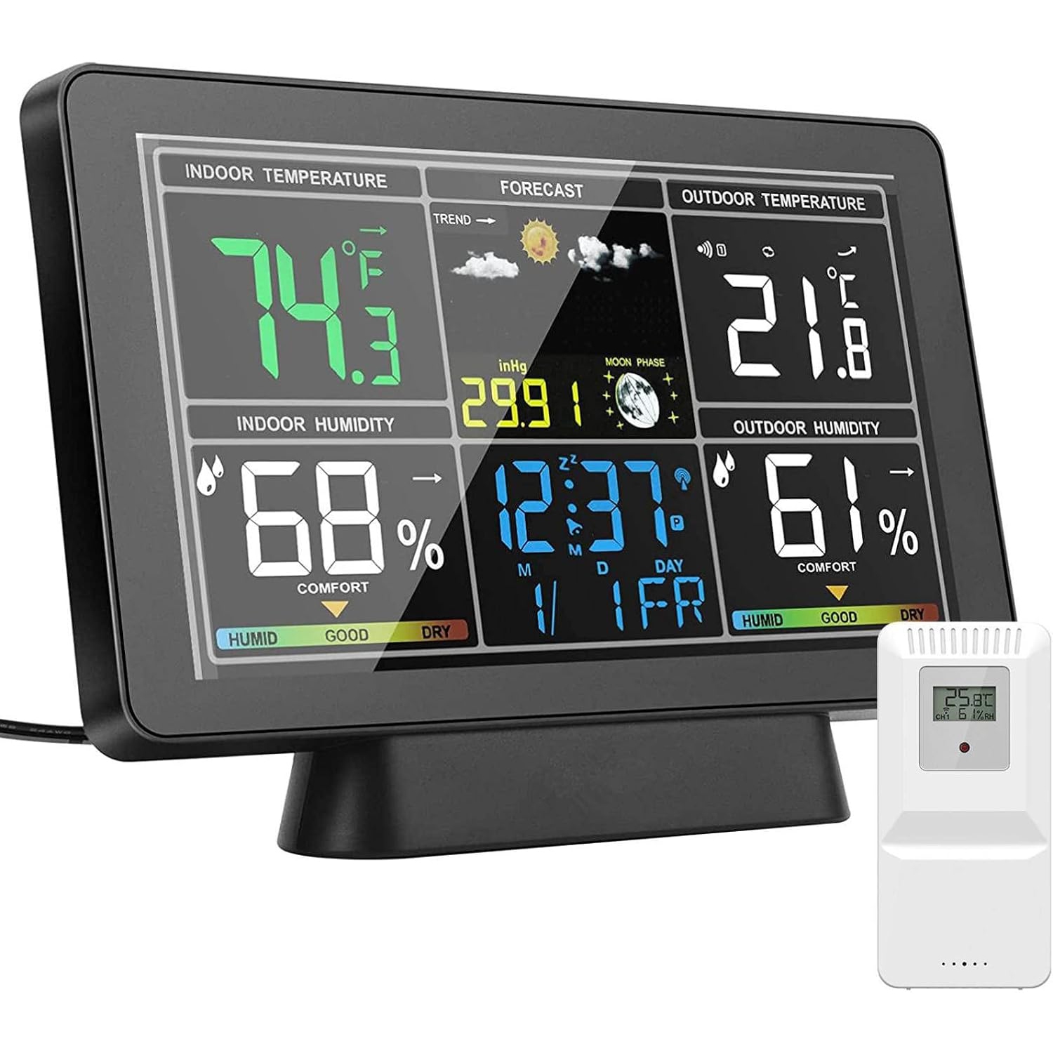 Thermomètre intérieur et extérieur sans fil Station météorologique, affichage couleur, thermomètre numérique avec surveillance de la température et