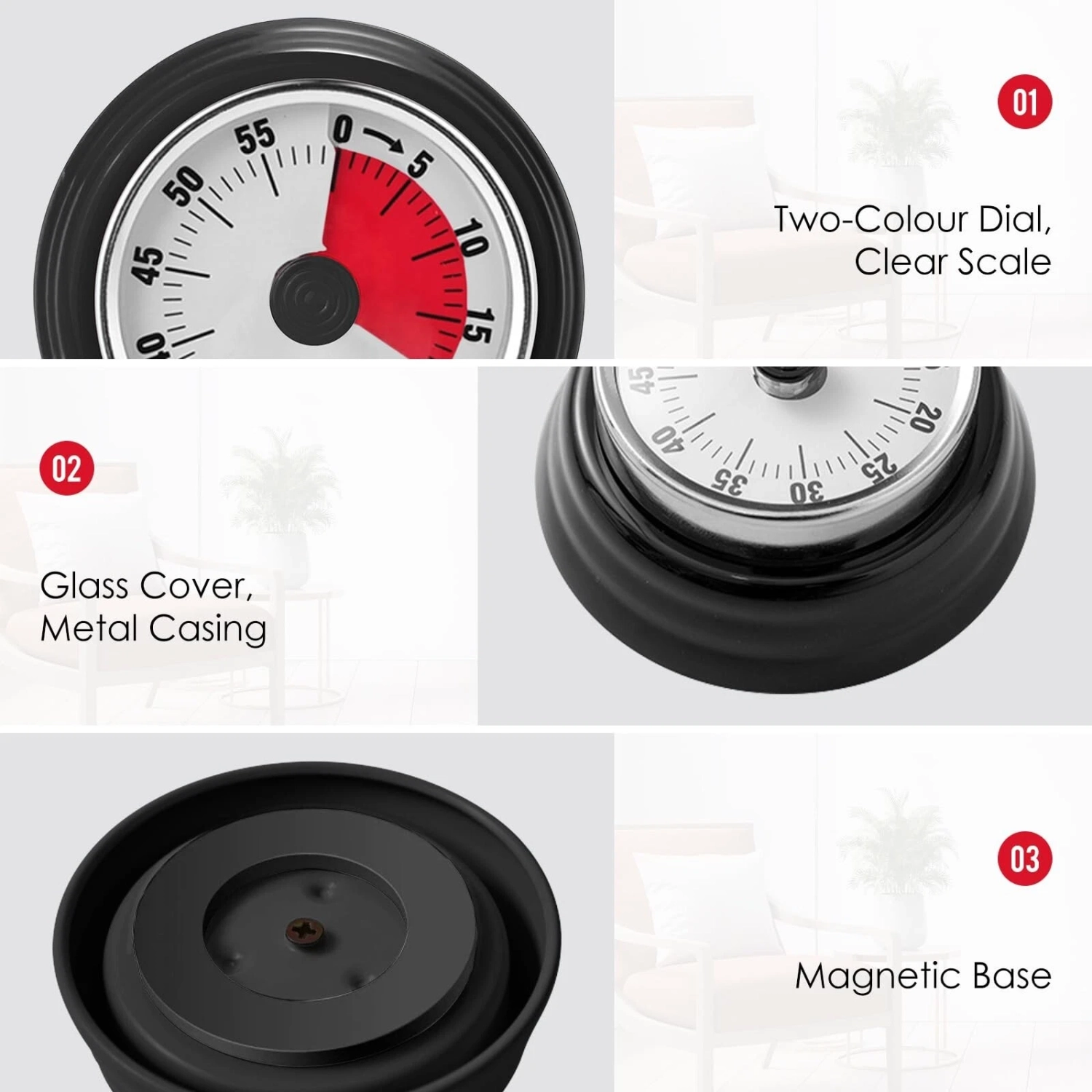 Mechanical timer, easy to read vintage cooking timer with magnetic back and loud bell, no batteries required, mechanical countdown timer for cooking