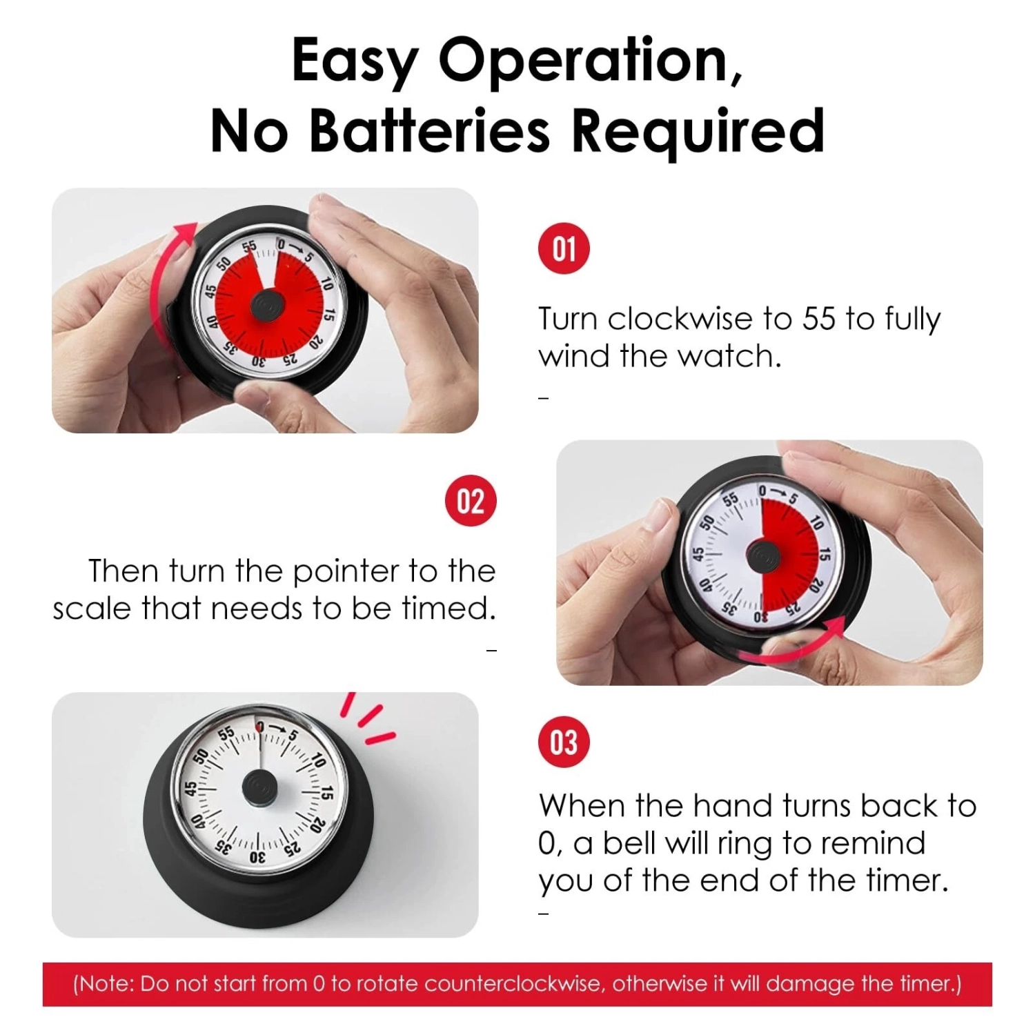 Mechanical timer, easy to read vintage cooking timer with magnetic back and loud bell, no batteries required, mechanical countdown timer for cooking