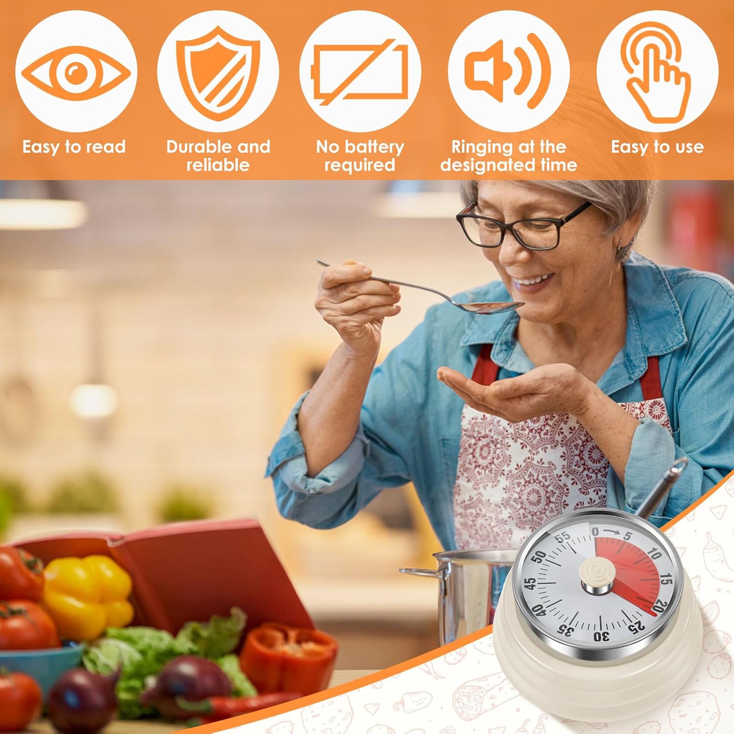 Mechanical timer, easy to read vintage cooking timer with magnetic back and loud bell, no batteries required, mechanical countdown timer for cooking