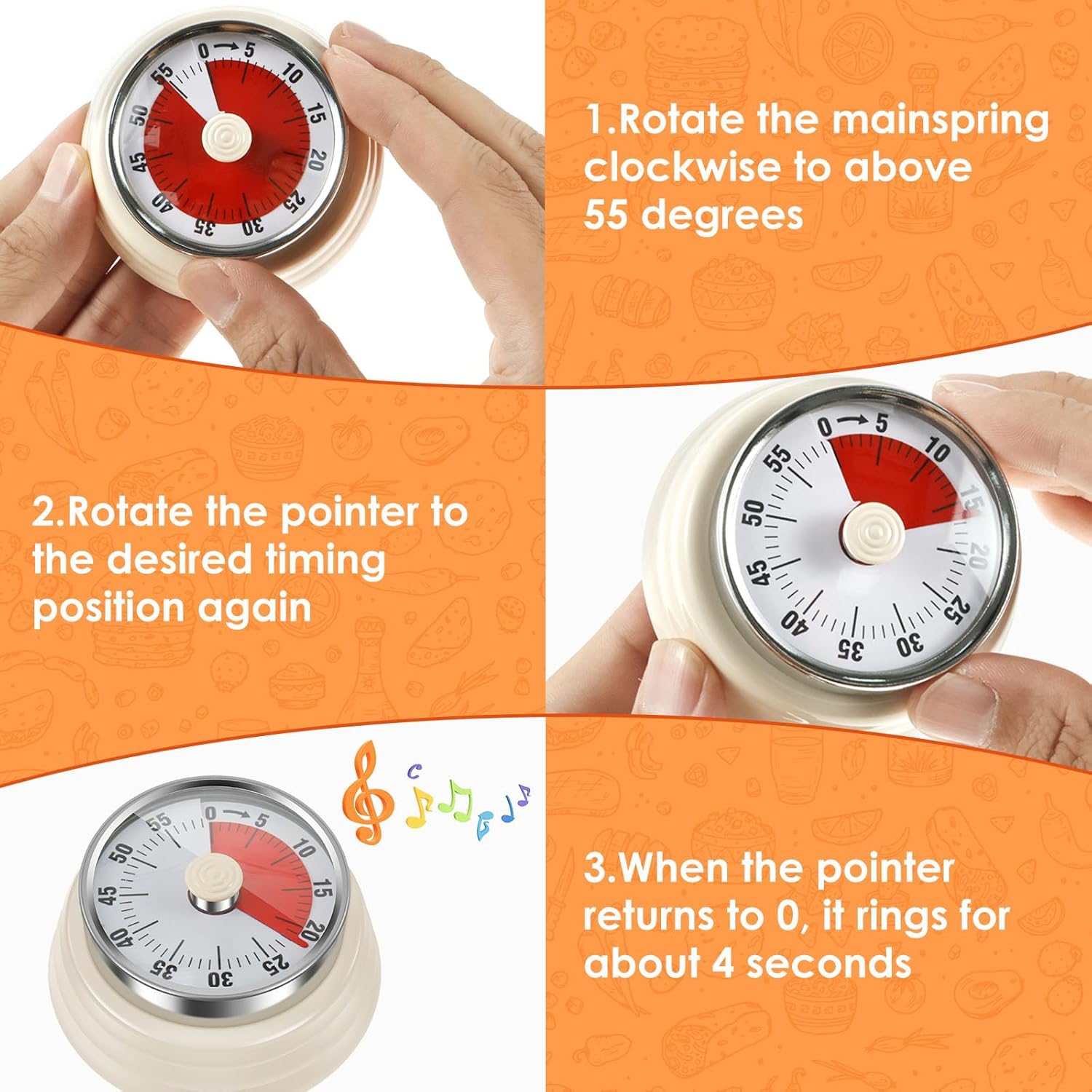 Mechanical timer, easy to read vintage cooking timer with magnetic back and loud bell, no batteries required, mechanical countdown timer for cooking