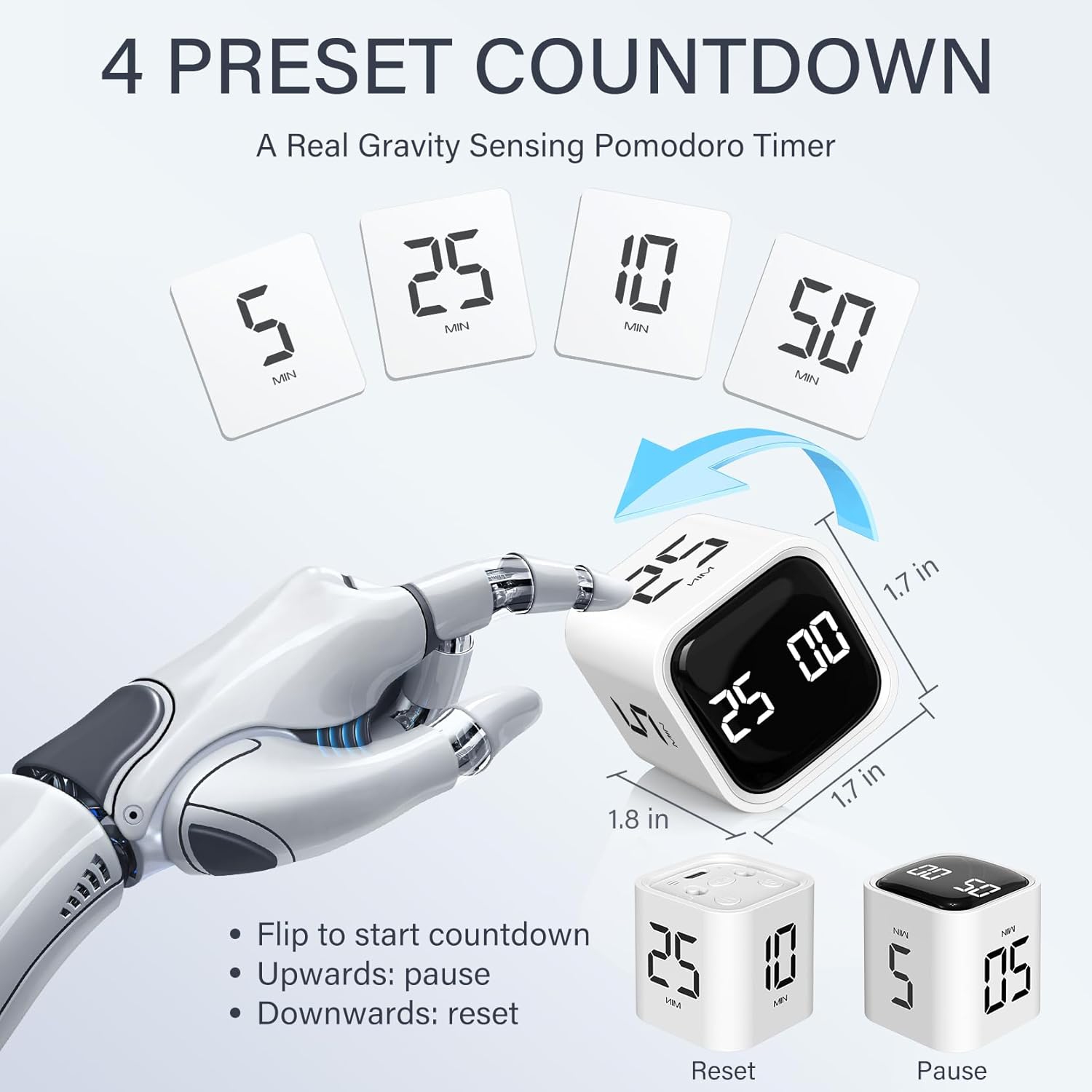 Gravity sensor timer, visual kitchen timer, electronic countdown timer, student time reminder - white