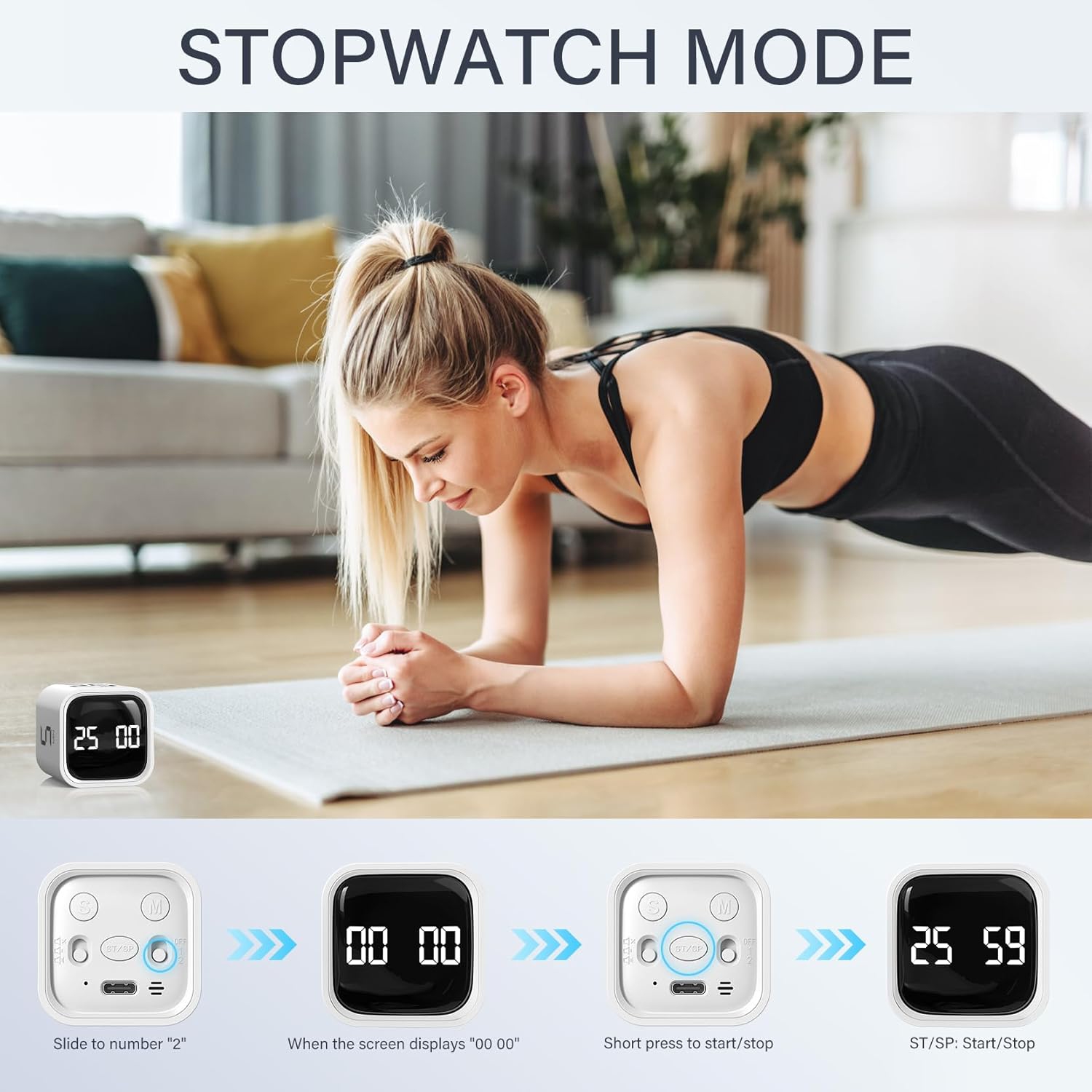 Gravity sensor timer, visual kitchen timer, electronic countdown timer, student time reminder - white