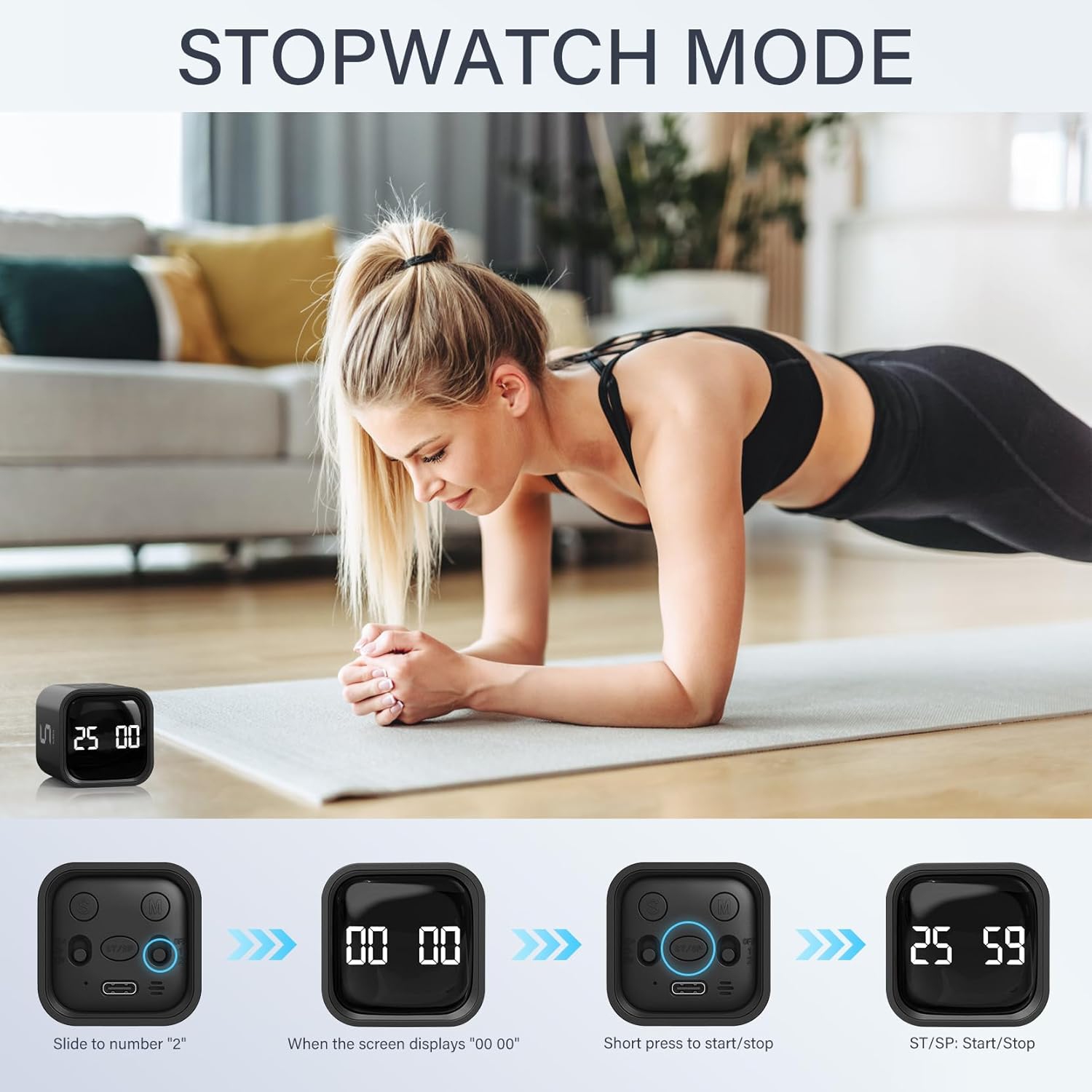 Minuterie à capteur de gravité, minuterie visuelle pour la cuisine, minuterie électronique, rappel de temps pour les étudiants - noir