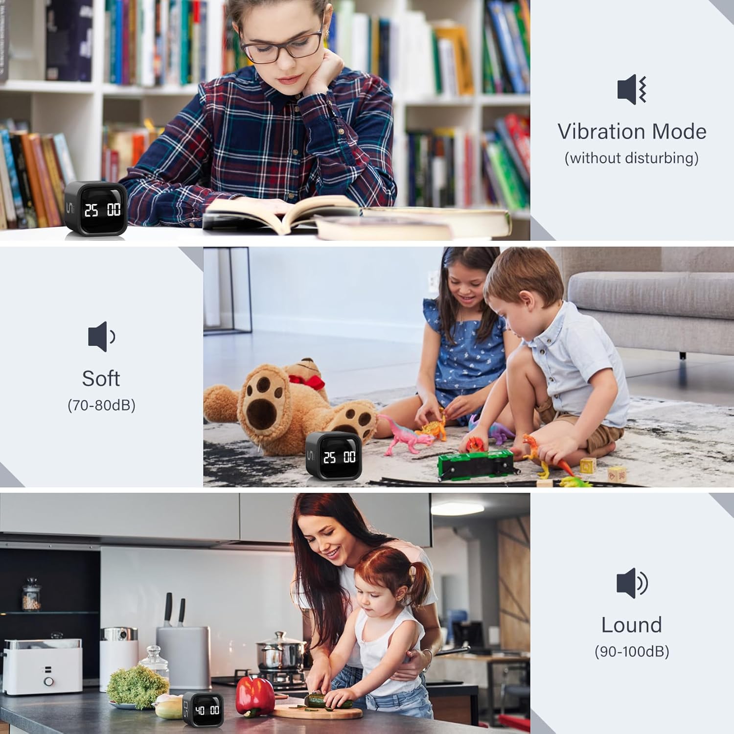 Minuterie à capteur de gravité, minuterie visuelle pour la cuisine, minuterie électronique, rappel de temps pour les étudiants - noir