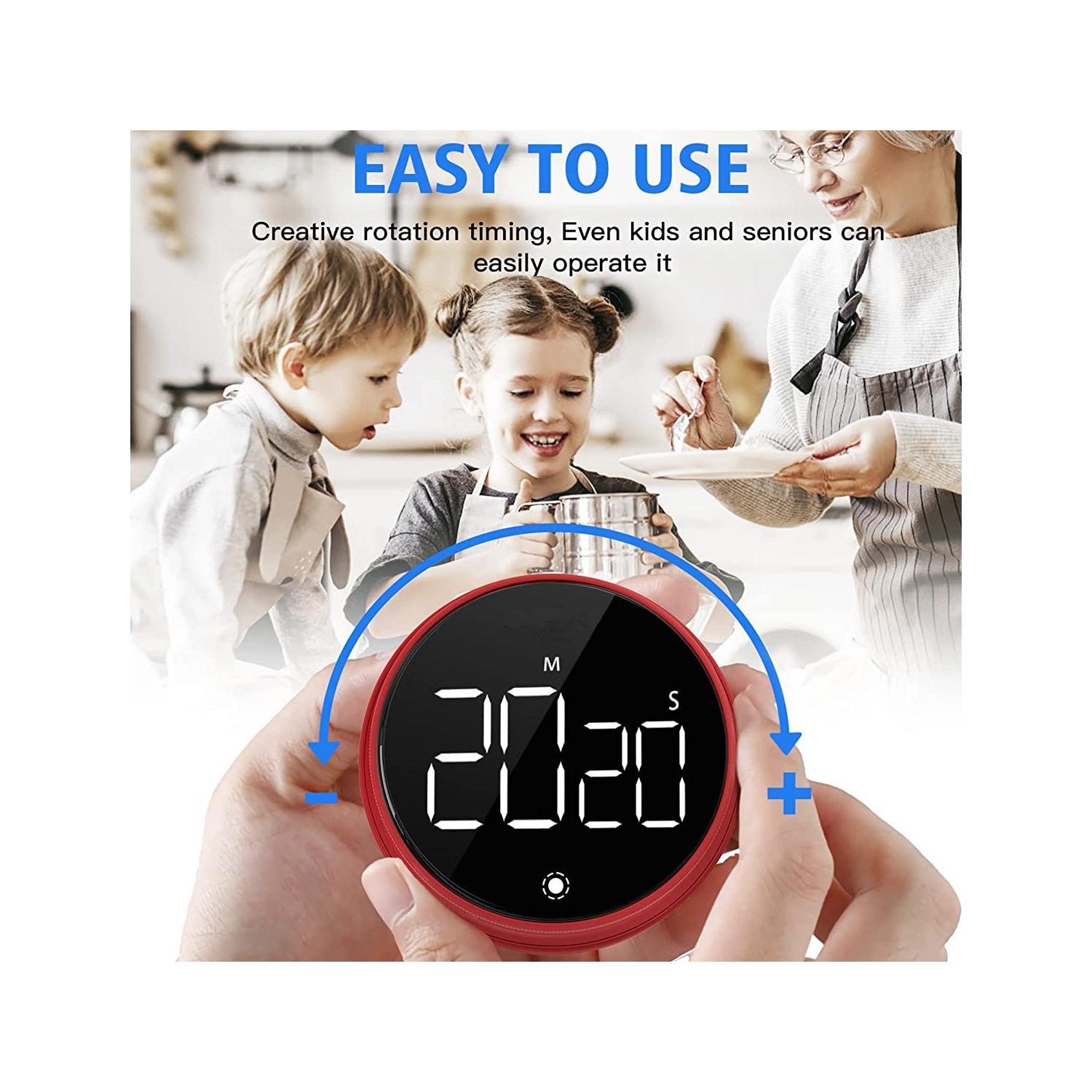 Minuterie rotative, grand écran, alarme de rappel de minuterie électronique LCD de LED, minuterie à rebours pour apprendre à cuisiner - rouge