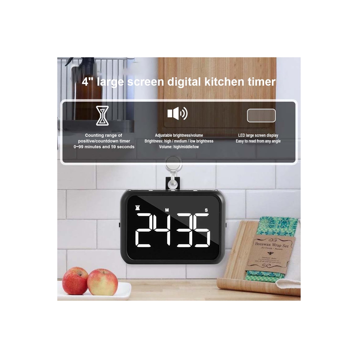 Grand écran rechargeable LCD de LED alarme de rappel de minuterie électronique réveil réveil minuterie de cuisson de cuisine - rose