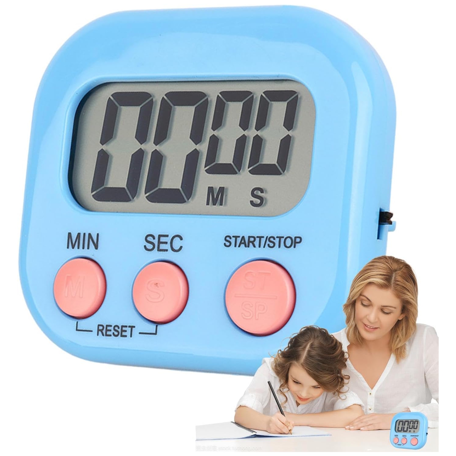 Children's timer, kitchen digital timer, magnetic back, bell, cooking rack - blue