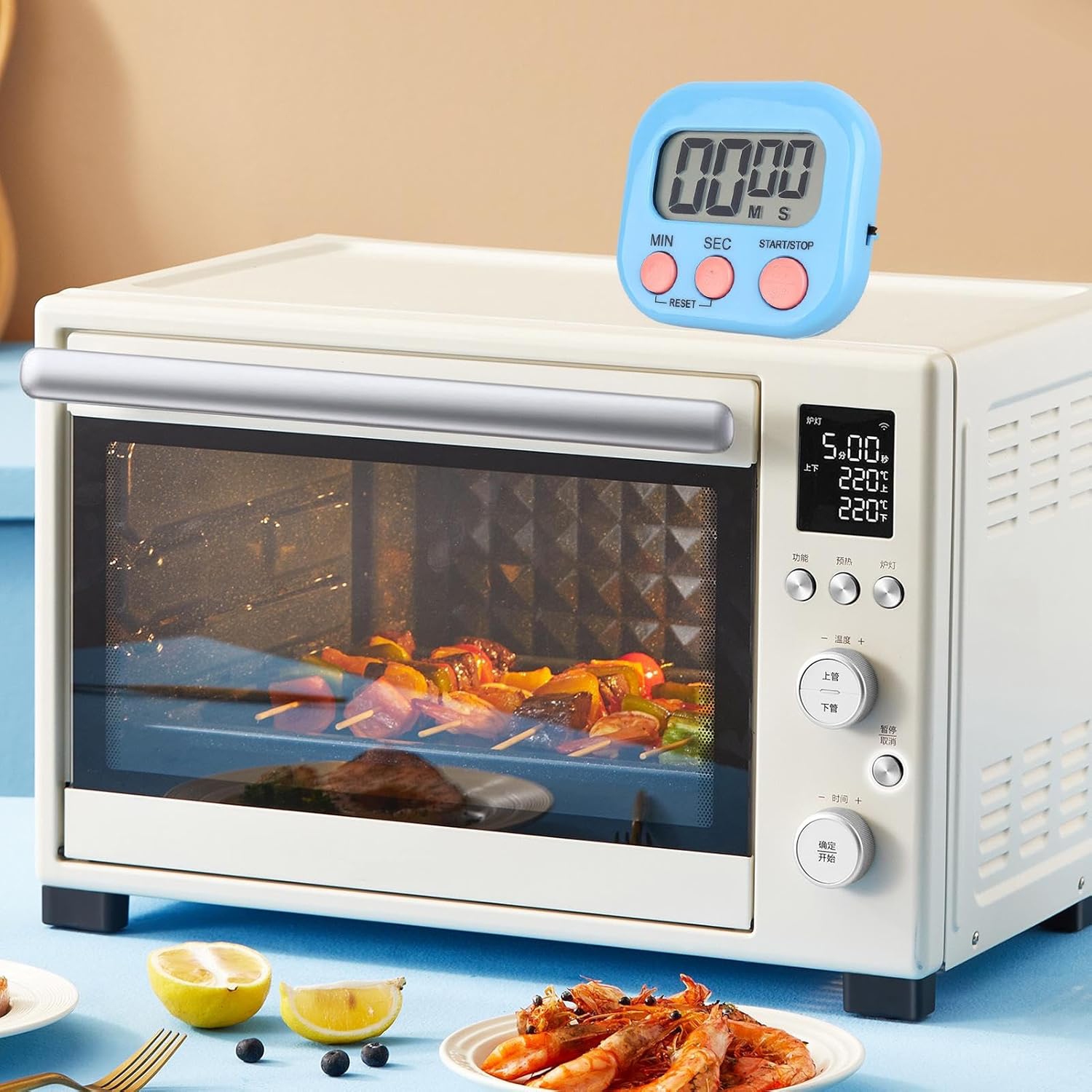 Children's timer, kitchen digital timer, magnetic back, bell, cooking rack - blue