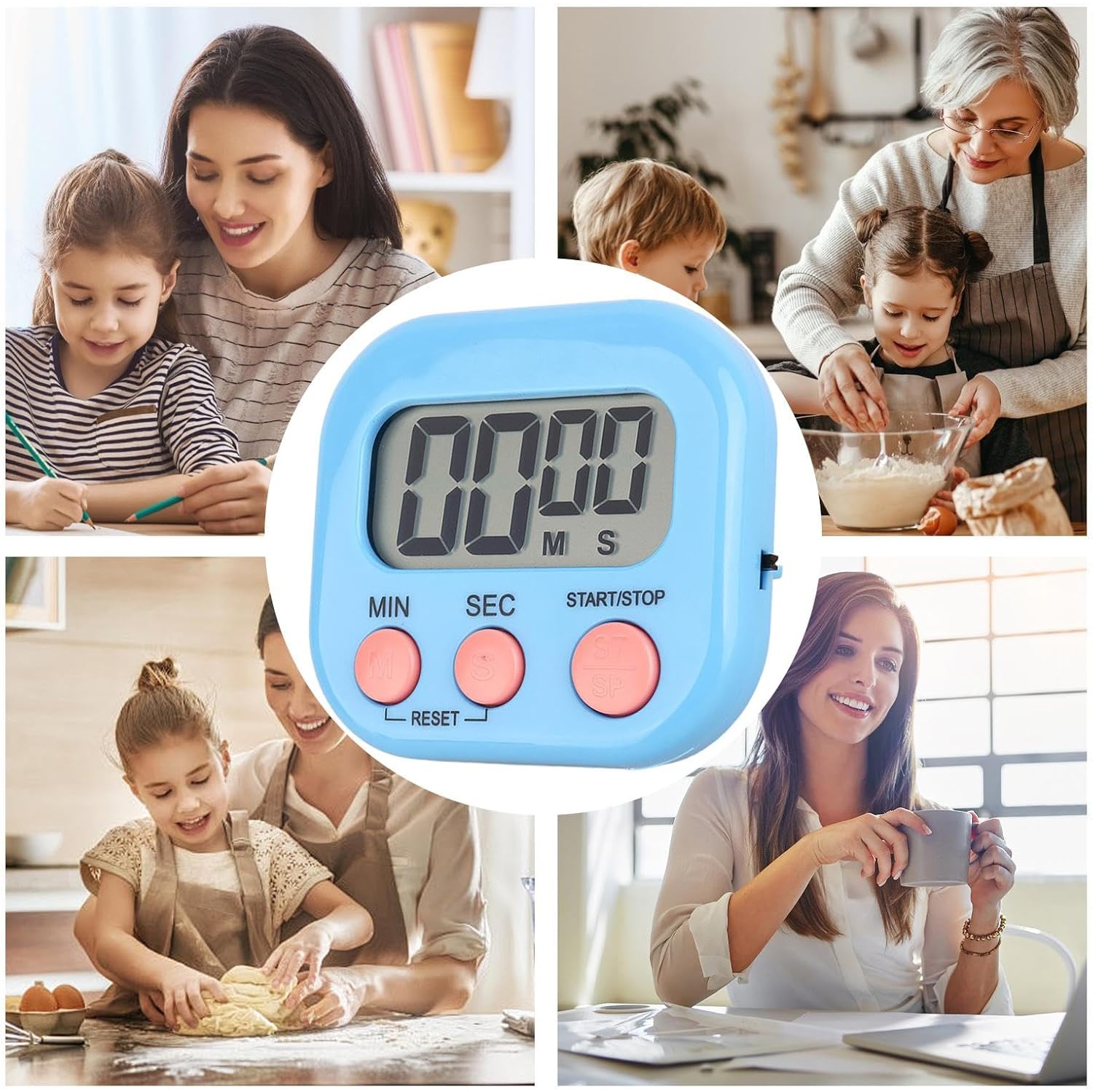 Children's timer, kitchen digital timer, magnetic back, bell, cooking rack - blue