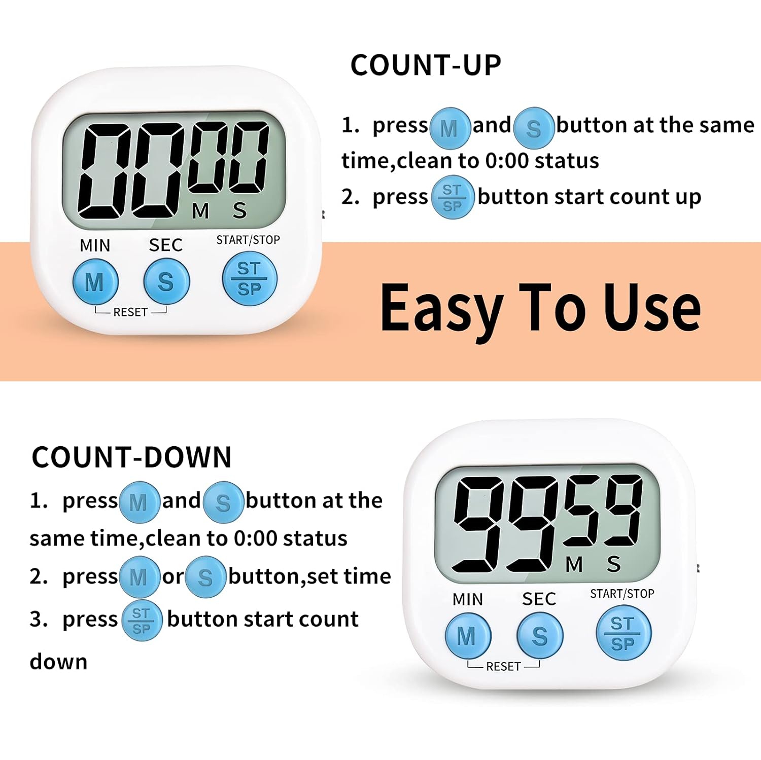 Children's timer, kitchen digital timer, magnetic back, bell, cooking rack - white