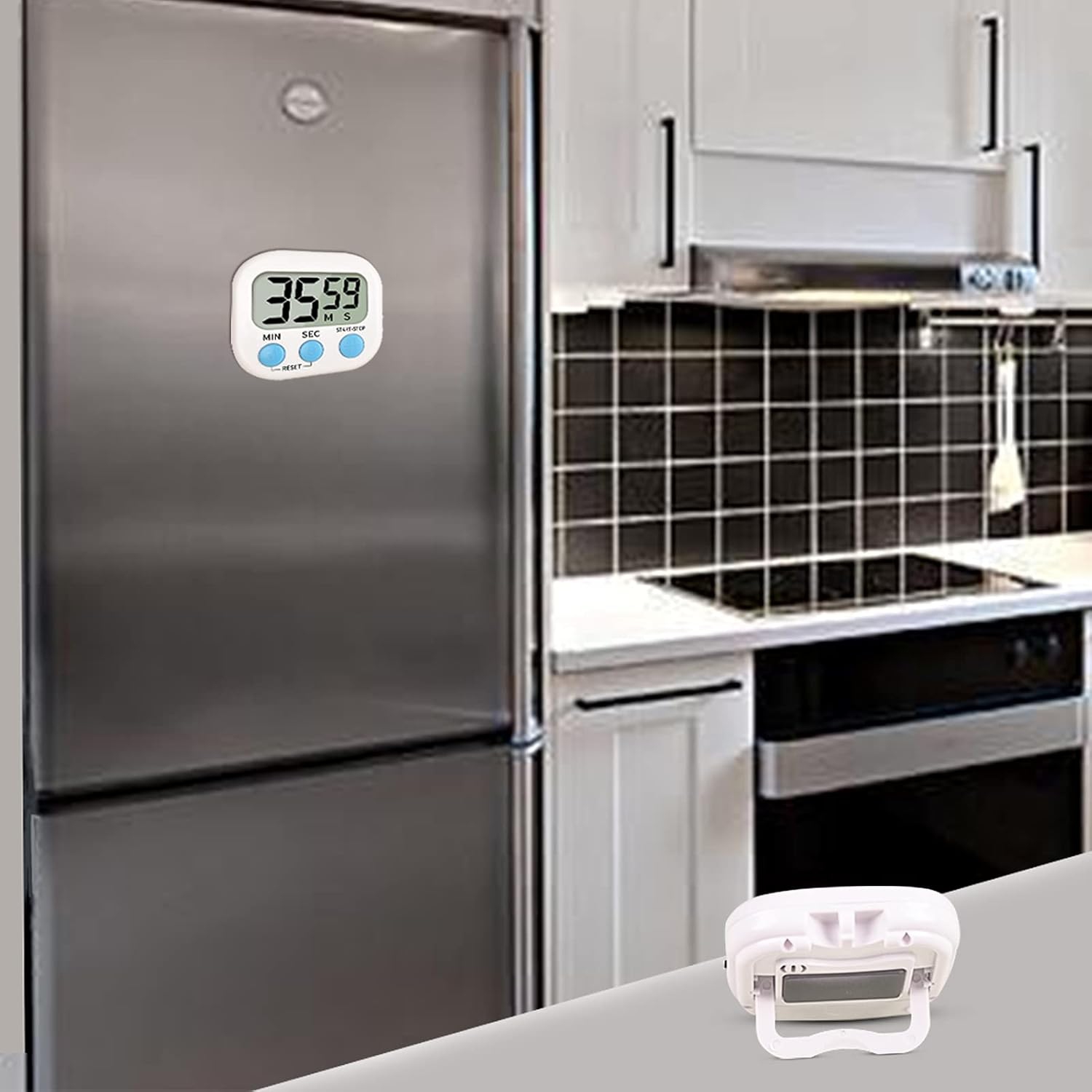 Children's timer, kitchen digital timer, magnetic back, bell, cooking rack - white