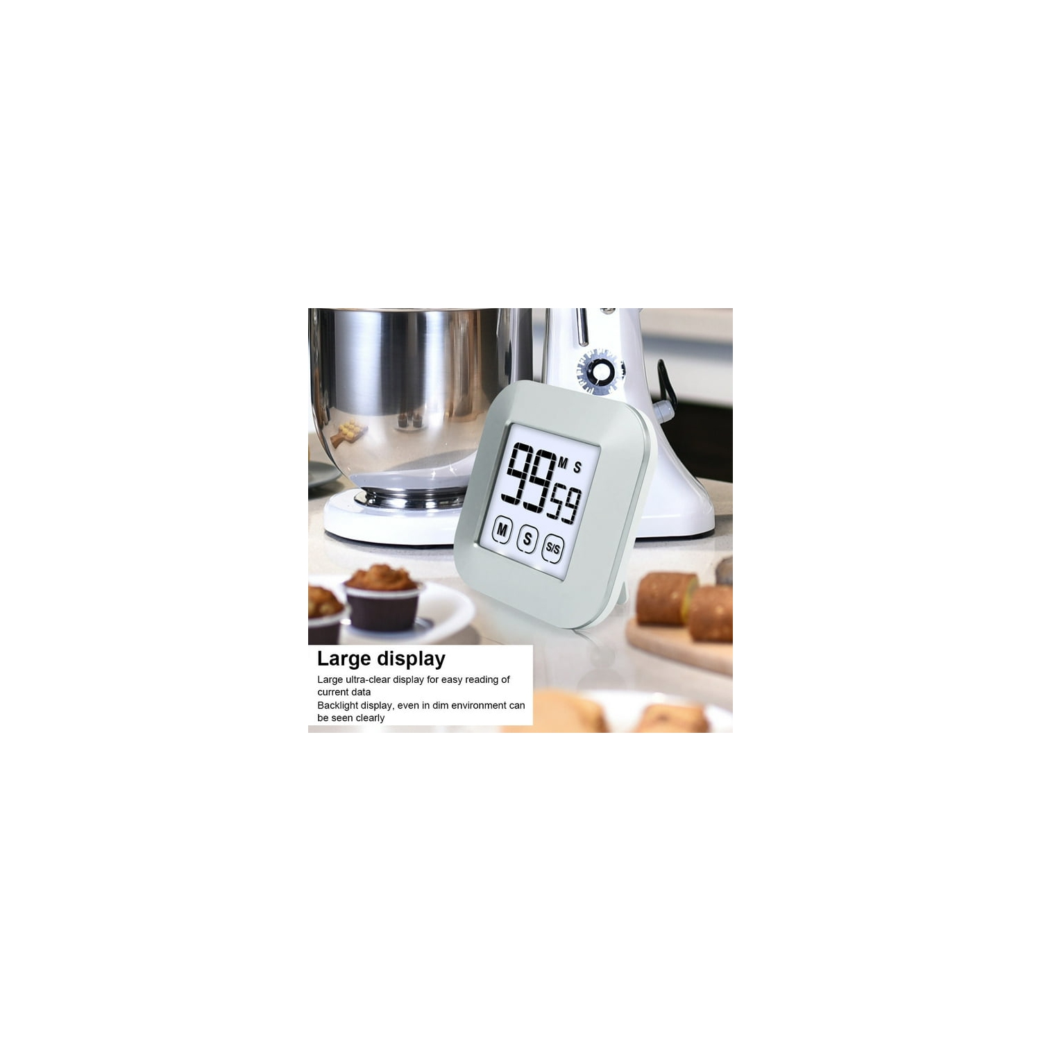 Kitchen LCD – Minuterie numérique d'apprentissage tactile grand écran, réveil, compte à rebours, chronomètre, outils de cuisine - Argenté