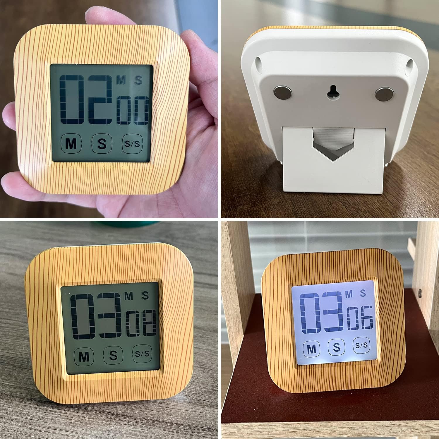 Minuterie numérique d'apprentissage à écran tactile Réveil-matin Chronomètre Outils de cuisine - Grain de bois LCD