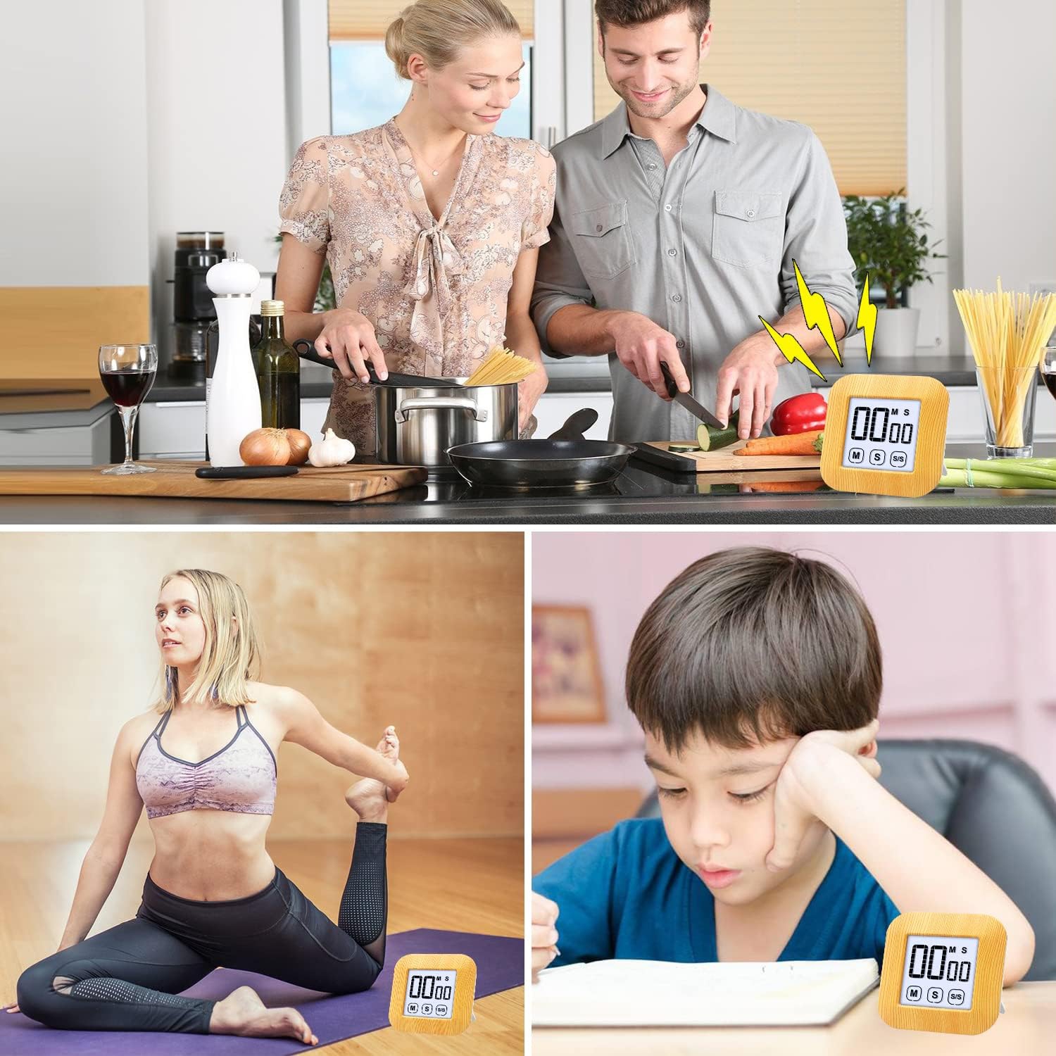 Minuterie numérique d'apprentissage à écran tactile Réveil-matin Chronomètre Outils de cuisine - Grain de bois LCD