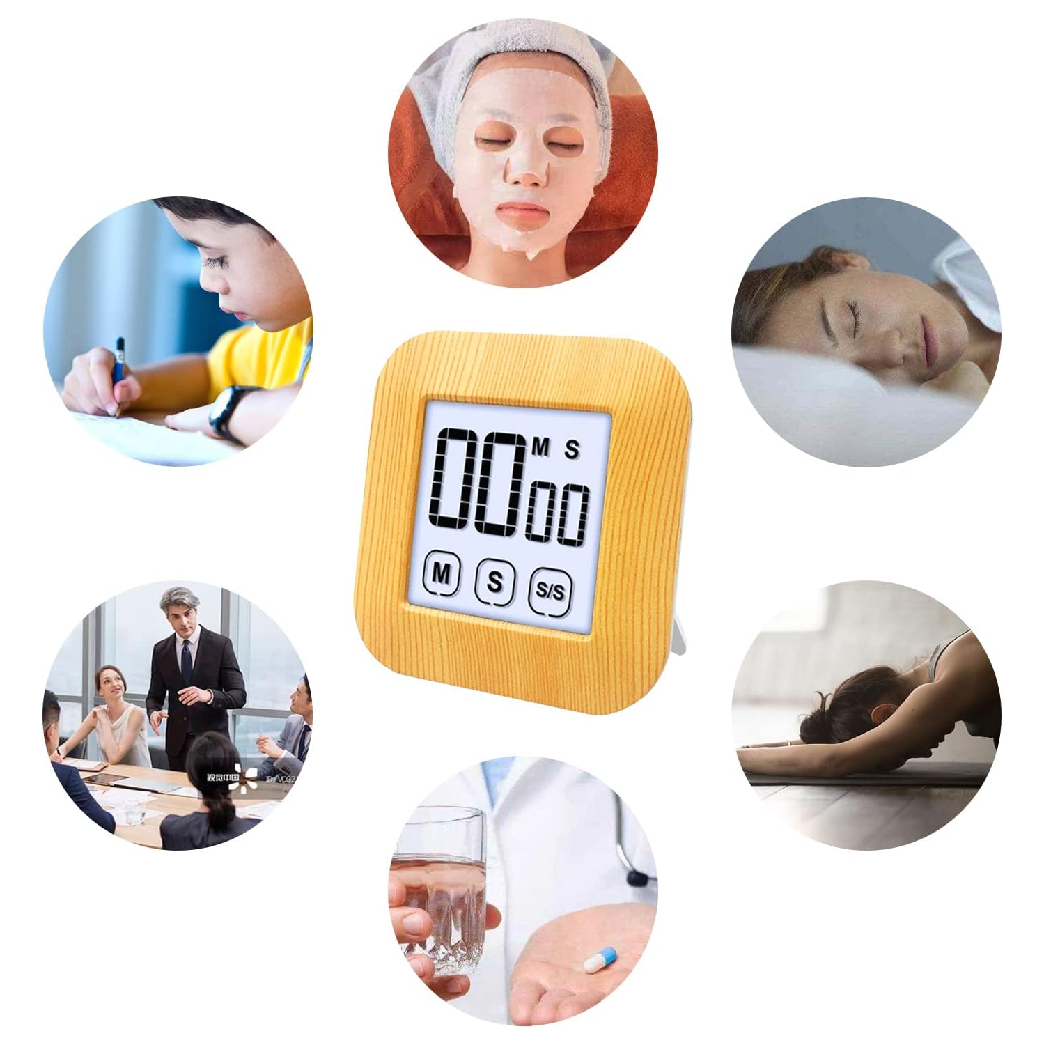 Minuterie numérique d'apprentissage à écran tactile Réveil-matin Chronomètre Outils de cuisine - Grain de bois LCD