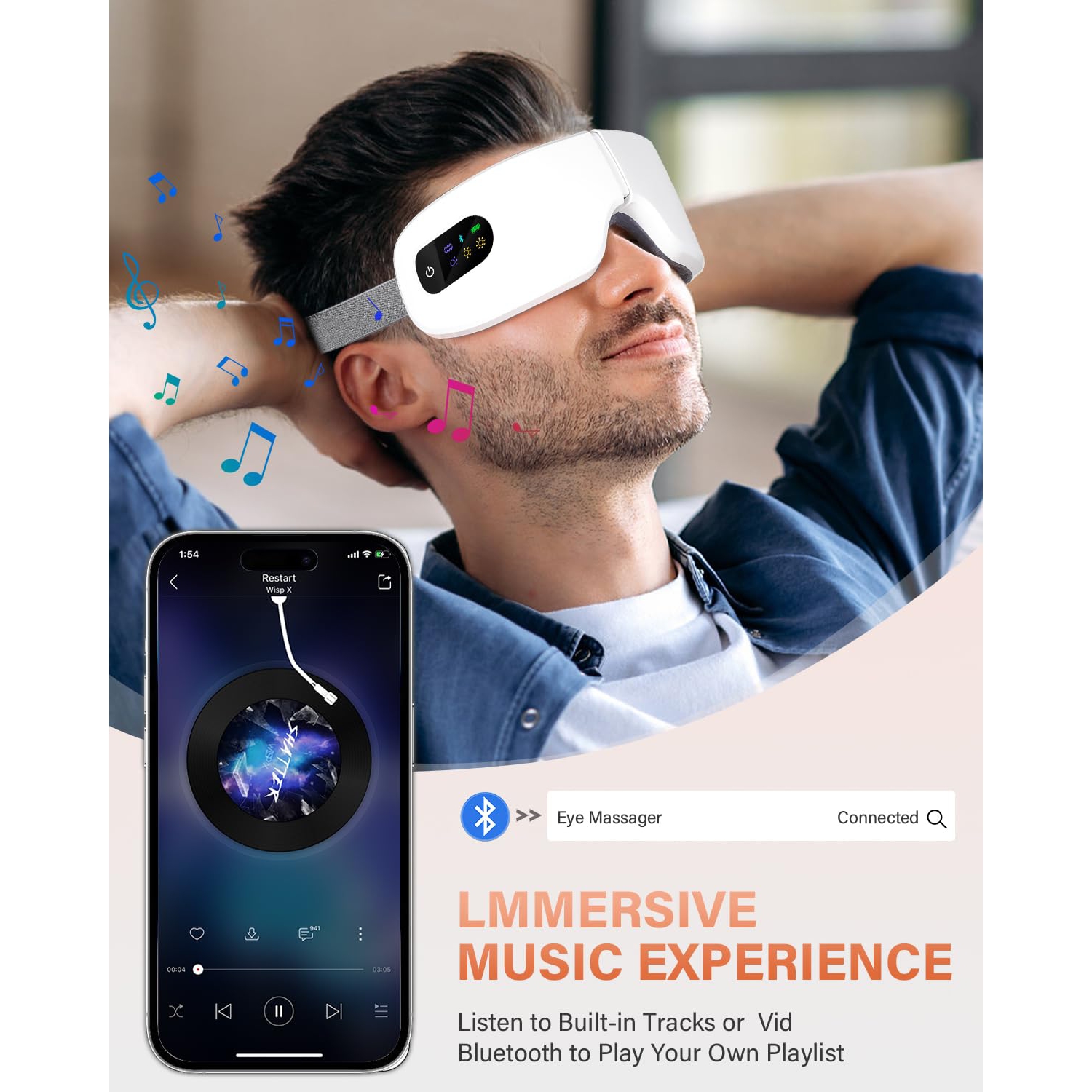 Appareil de massage pour les yeux avec fonction chauffante, masque de protection oculaire portatif avec vibrations et musique Bluetooth pour la