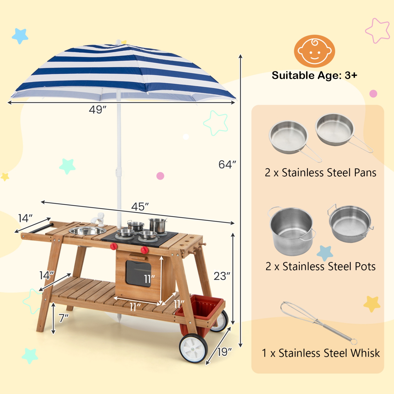 Costway Kid's Play Trolley Outdoor Wooden Kids Play Cart with Sun Umbrella for Toddlers 3+