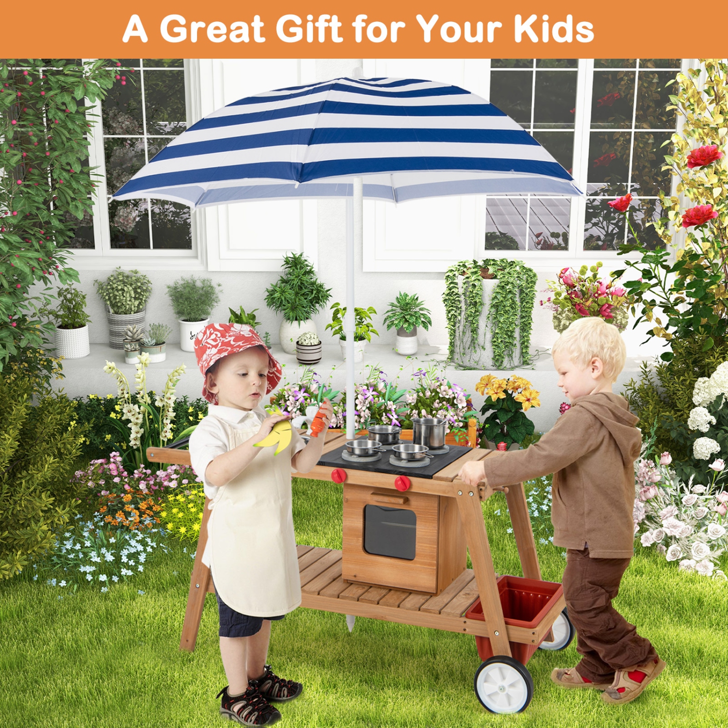 Costway Kid's Play Trolley Outdoor Wooden Kids Play Cart with Sun Umbrella for Toddlers 3+