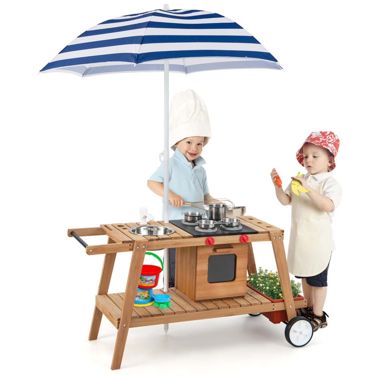 Costway Kid's Play Trolley Outdoor Wooden Kids Play Cart with Sun Umbrella for Toddlers 3+