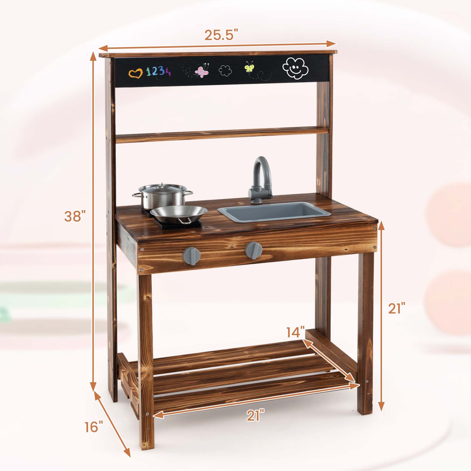 Cuisine de jeu pour enfants avec tableau noir, réchauds, évier amovible naturel de Costway