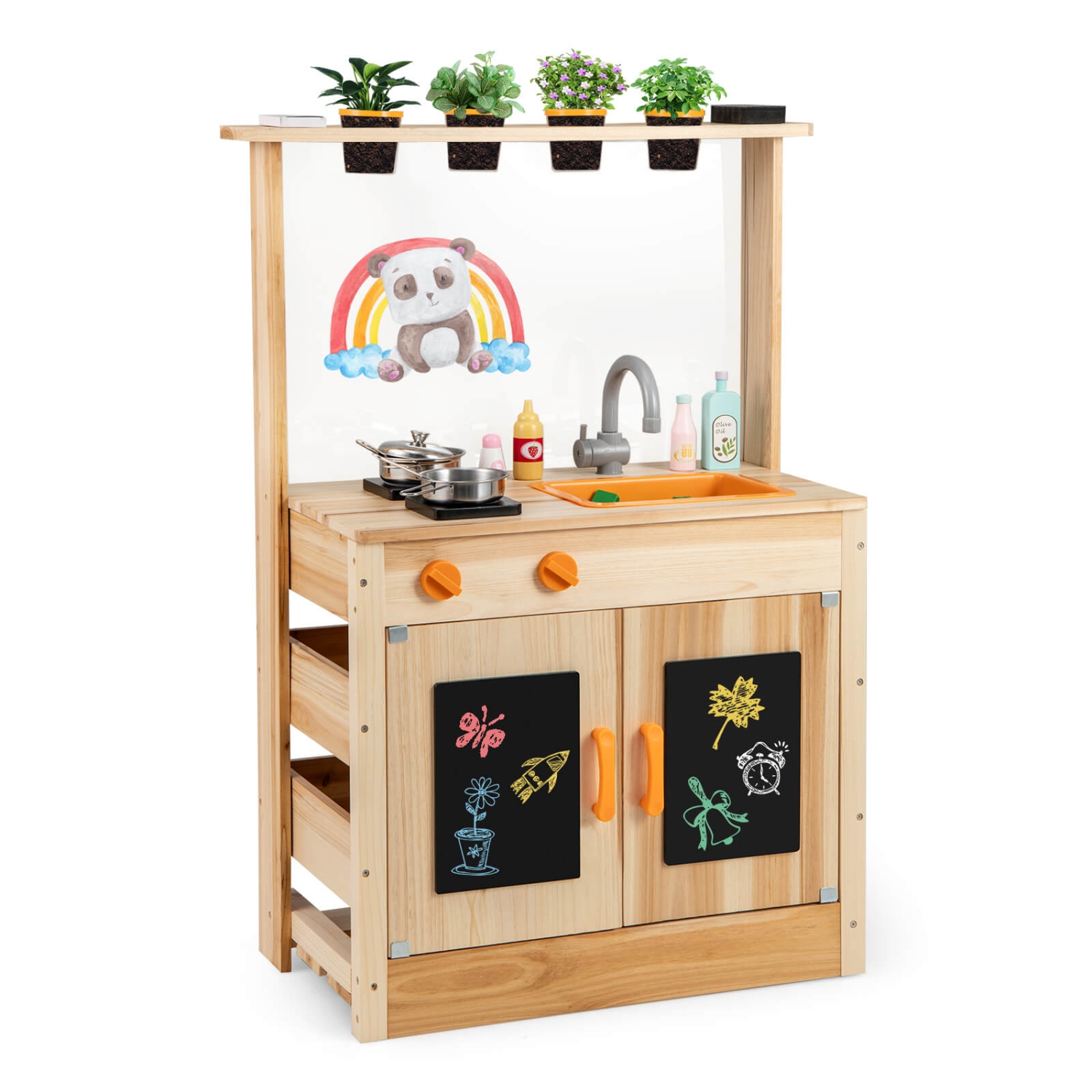 Cuisine boueuse pour enfants de Costway avec pots de plantation Cuisinière Panneau en acrylique amovible pour évier
