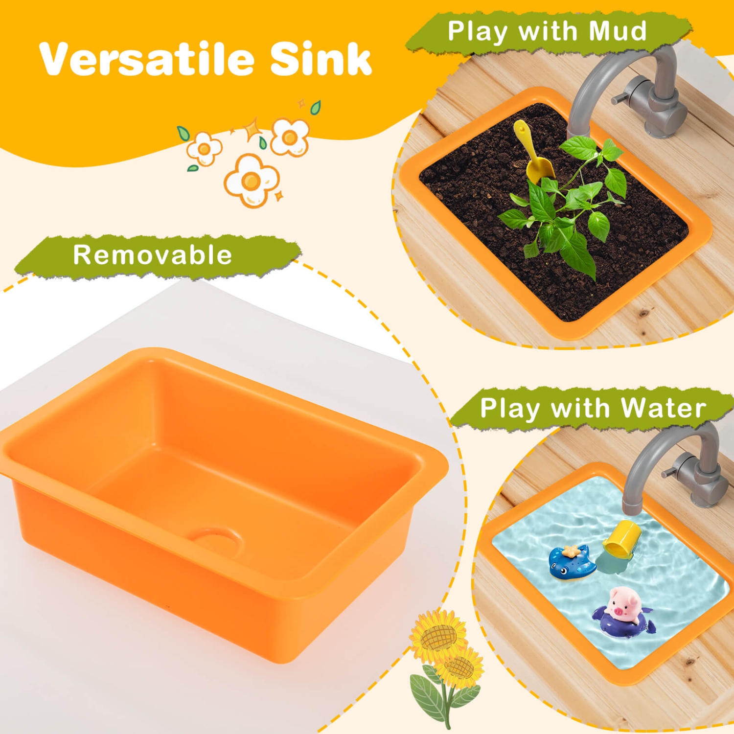 Cuisine boueuse pour enfants de Costway avec pots de plantation Cuisinière Panneau en acrylique amovible pour évier