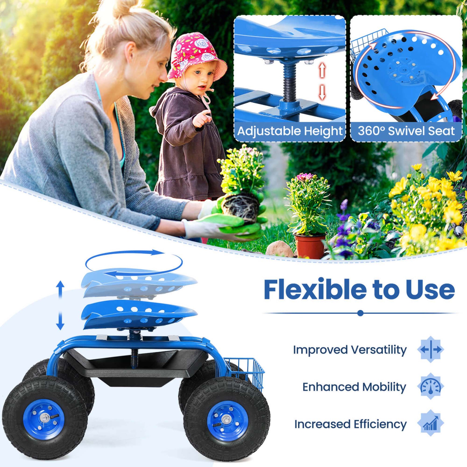 Jardinière à plateau roulant avec chariot de jardin pour siège de travail de Costway