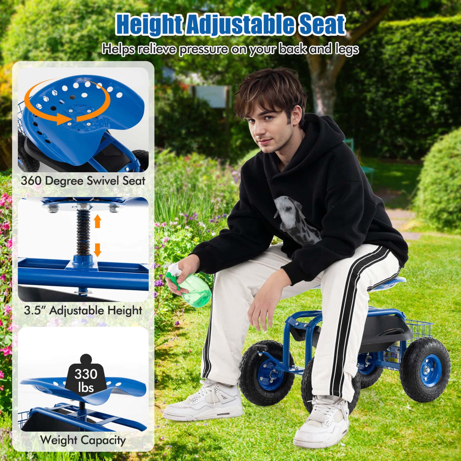 Chariot de jardin de Costway – Siège de travail à roulettes avec plateau à outils Panier Planter bleu/rouge/vert