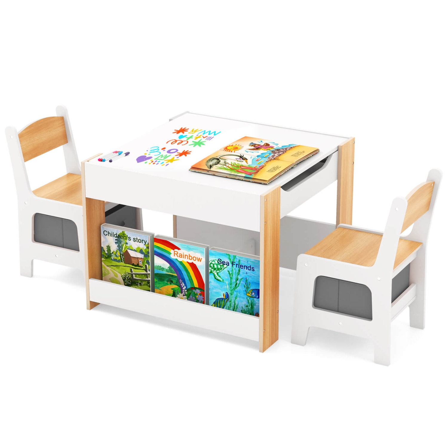 Ensemble table et chaises 4-en-1 pour enfants de Costway avec table d'activités en bois et étagères latérales Beige/Gris