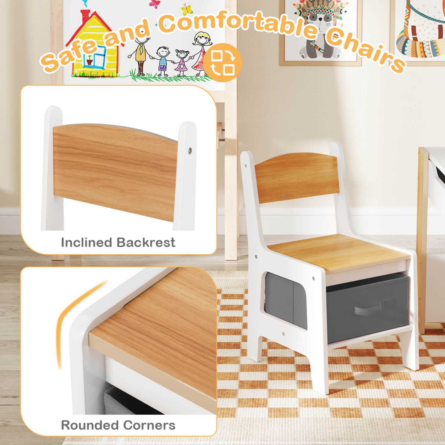 Ensemble table et chaises 4-en-1 pour enfants de Costway avec table d'activités en bois et étagères latérales Beige/Gris