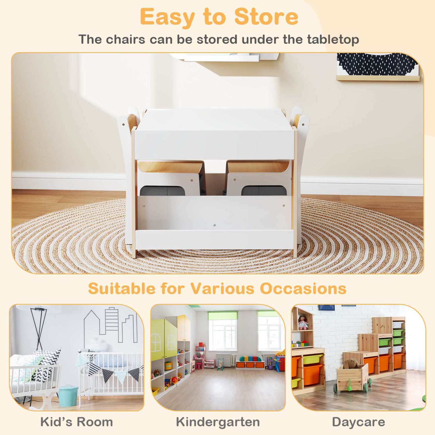 Ensemble table et chaises 4-en-1 pour enfants de Costway avec table d'activités en bois et étagères latérales Beige/Gris