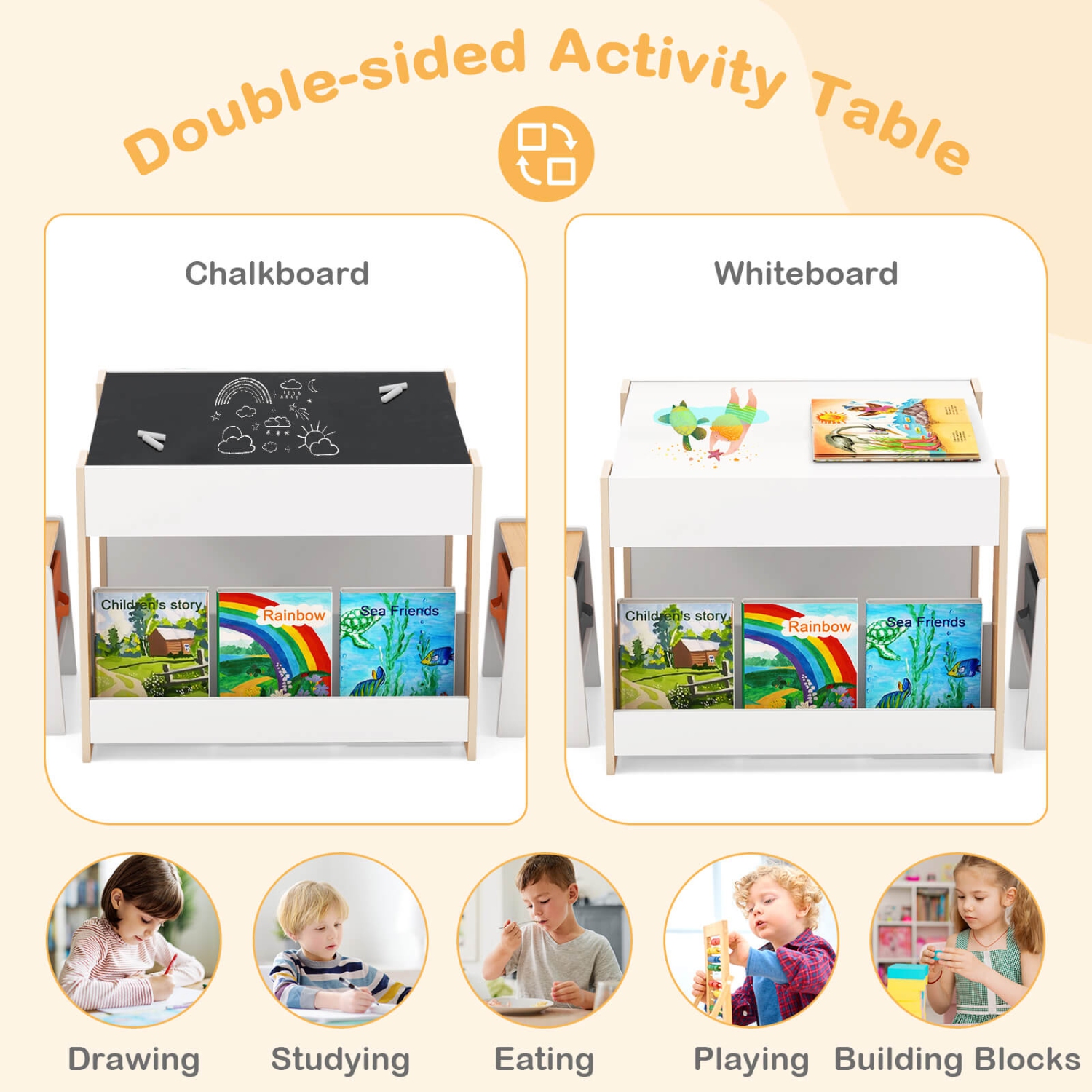 Ensemble table et chaises 4-en-1 pour enfants de Costway avec table d'activités en bois et étagères latérales Beige/Gris