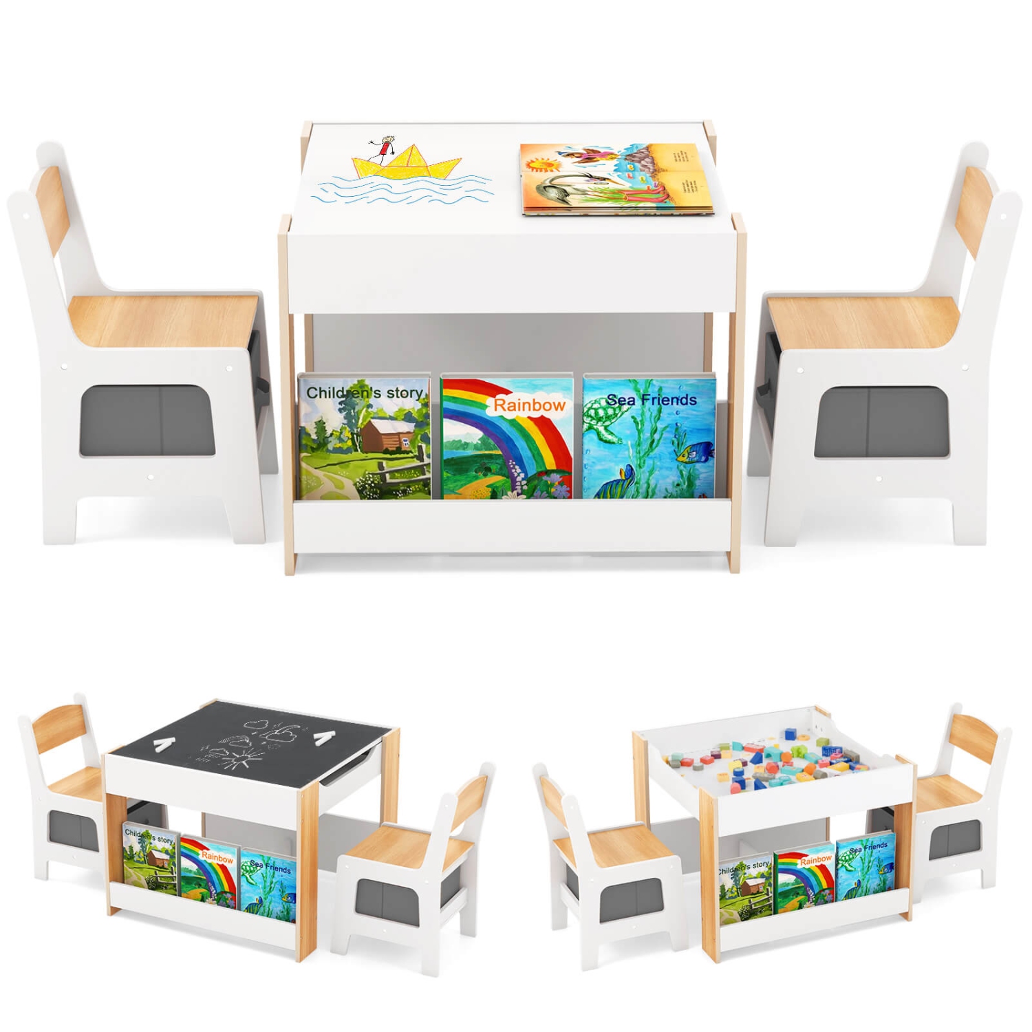 Ensemble table et chaises 4-en-1 pour enfants de Costway avec table d'activités en bois et étagères latérales Beige/Gris