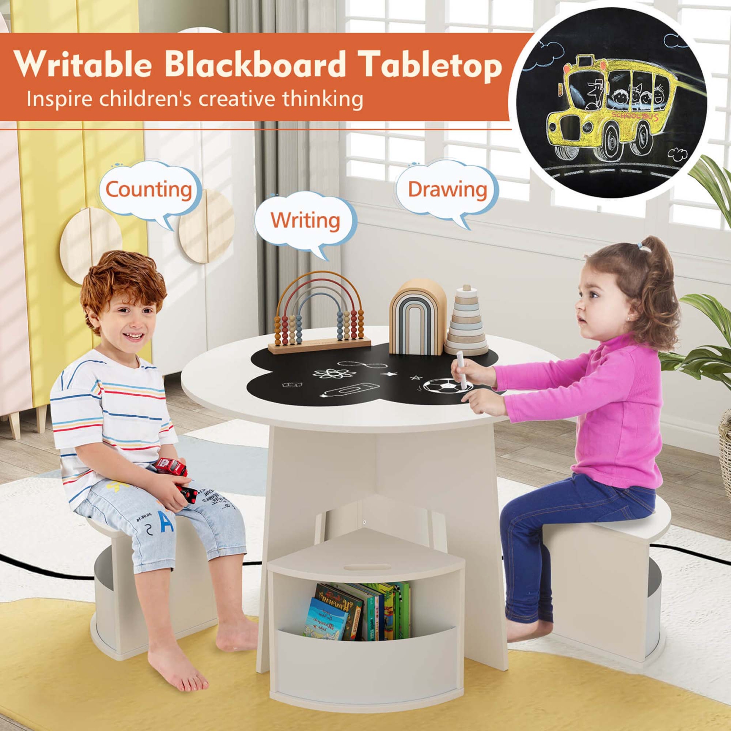 Ensemble table et chaises pour enfants 5 PCS de Costway avec table de bureau à tableau noir pour jeune enfant