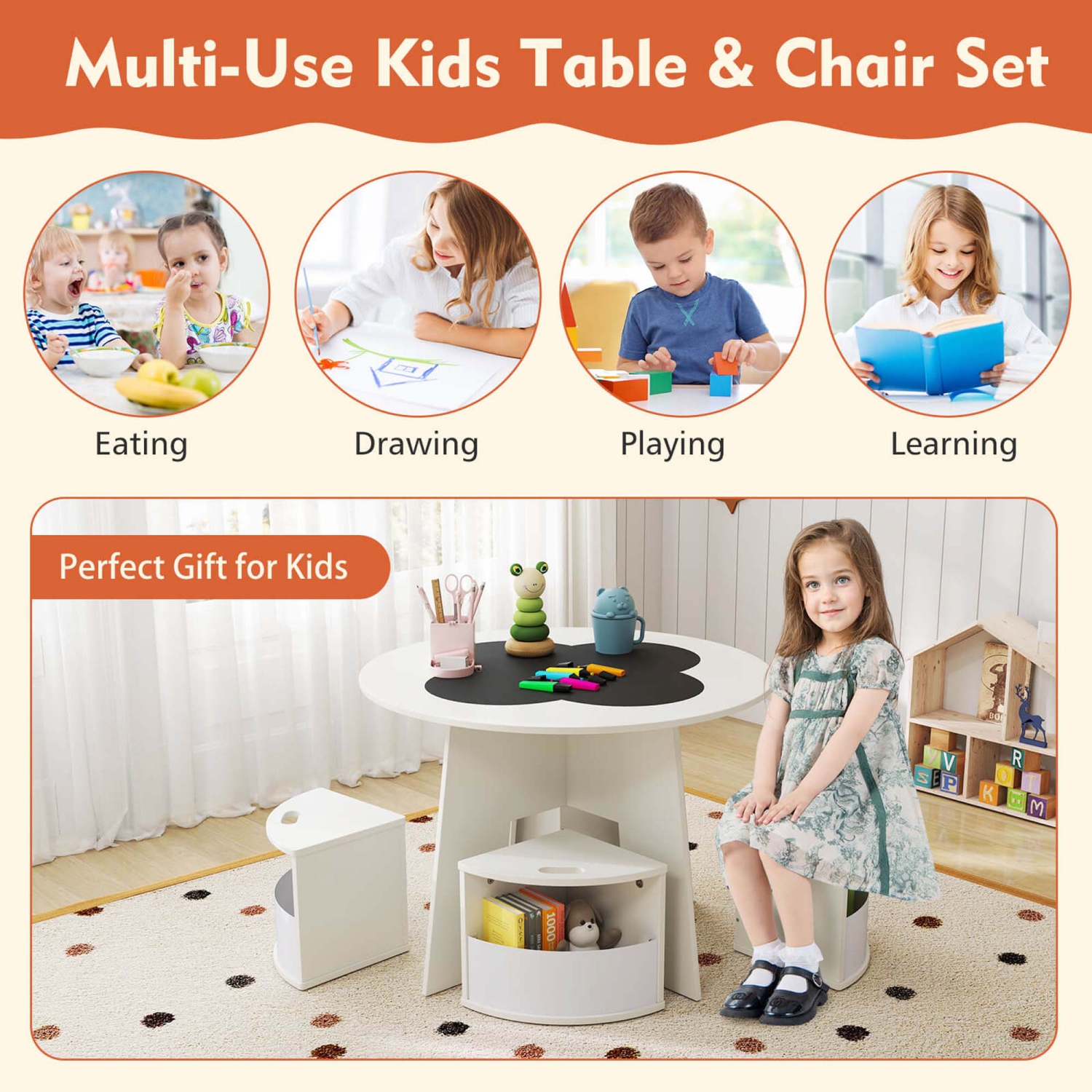 Ensemble table et chaises pour enfants 5 PCS de Costway avec table de bureau à tableau noir pour jeune enfant