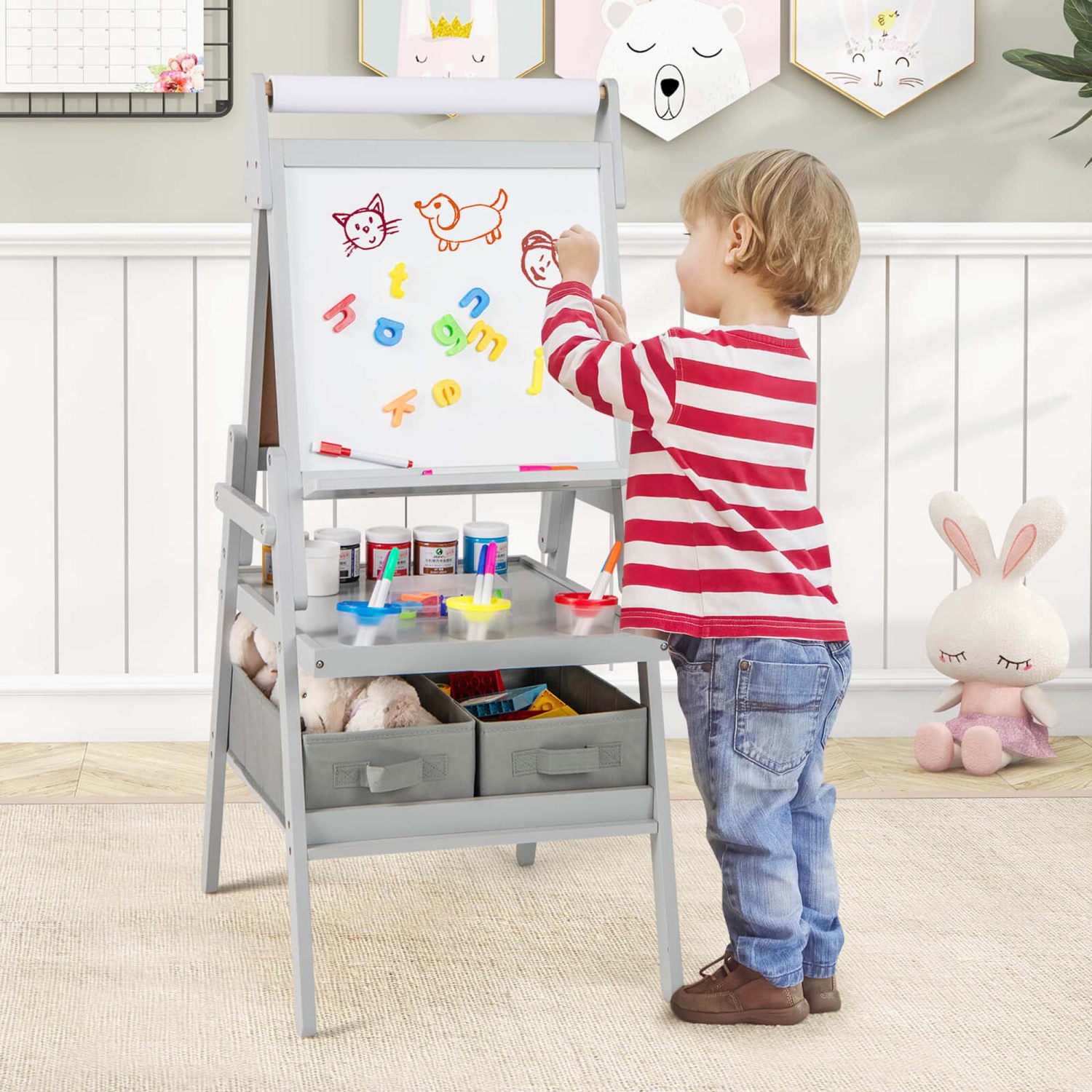 Costway 3-in-1 Art Easel for Kids with Magnetic Chalkboard & Whiteboard Paper Roll Gray/White/Pink/Green