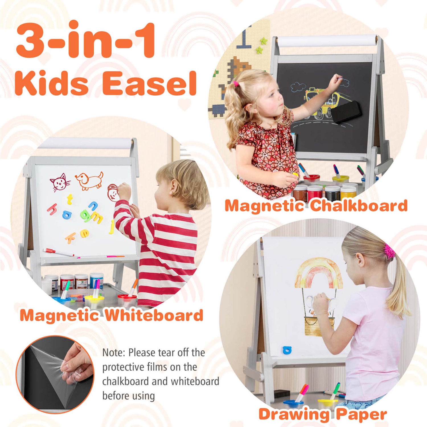 Costway 3-in-1 Art Easel for Kids with Magnetic Chalkboard & Whiteboard Paper Roll Gray/White/Pink/Green